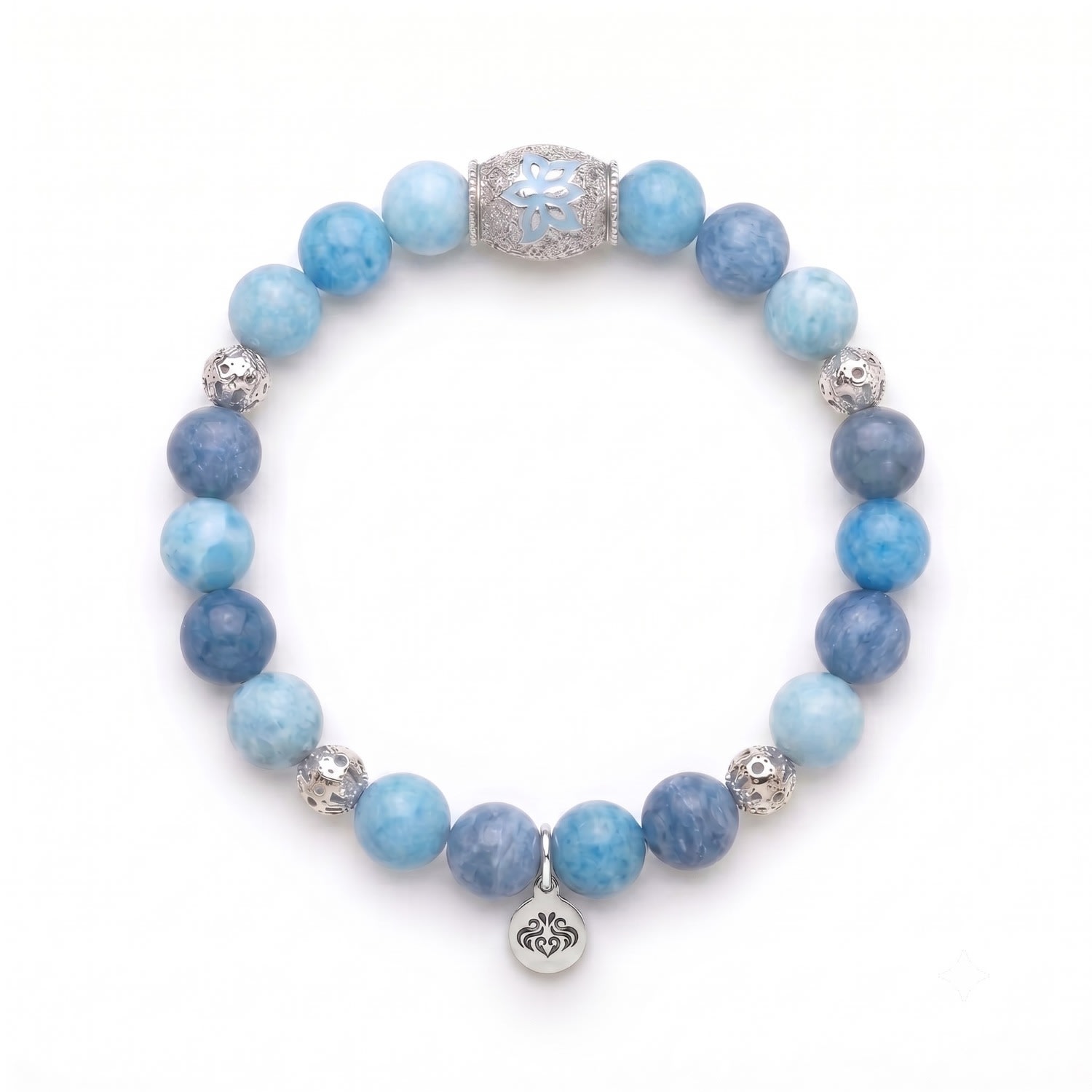 Seven Saints Women's Blue / Silver Tranquil Lotus Larimar Quartz Lotus Beaded Bracelet, White Rhodium In Blue/silver