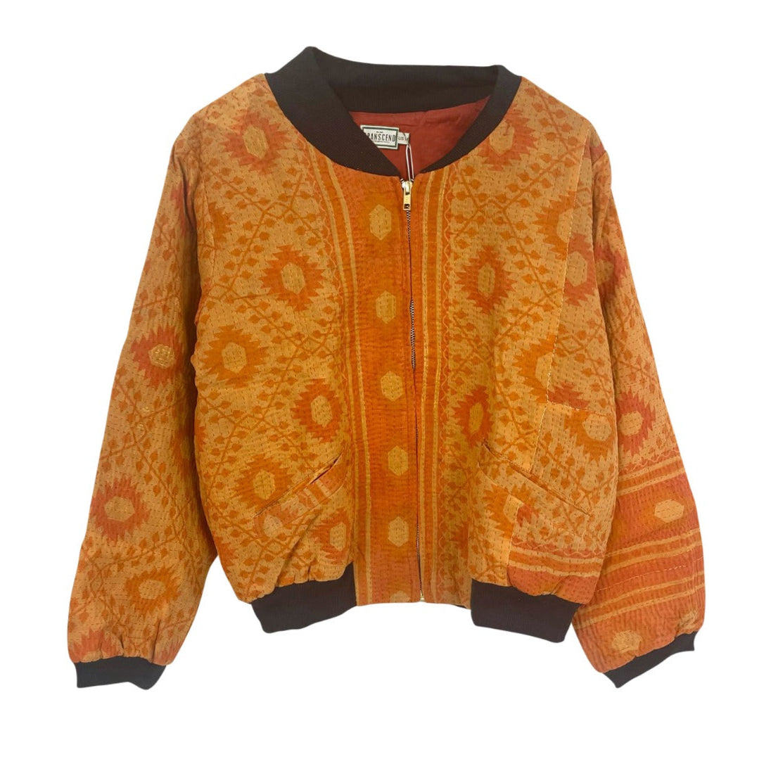 Transcend Women's Yellow / Orange Nadia Bomber Jacket - Vintage Kantha - Orange Diamond - Large