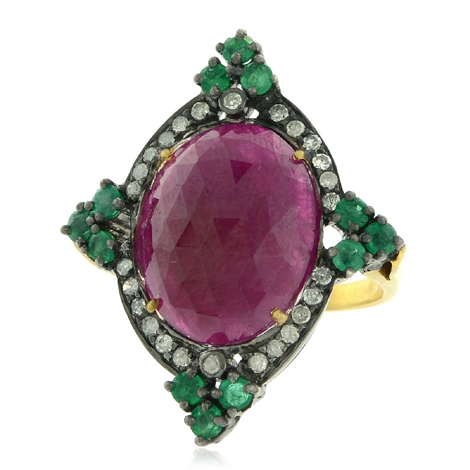 Women’s Green / Gold / Pink Gold Silver Pave Diamond Ruby Emerald Gemstone Cocktail Ring Handmade Artisan