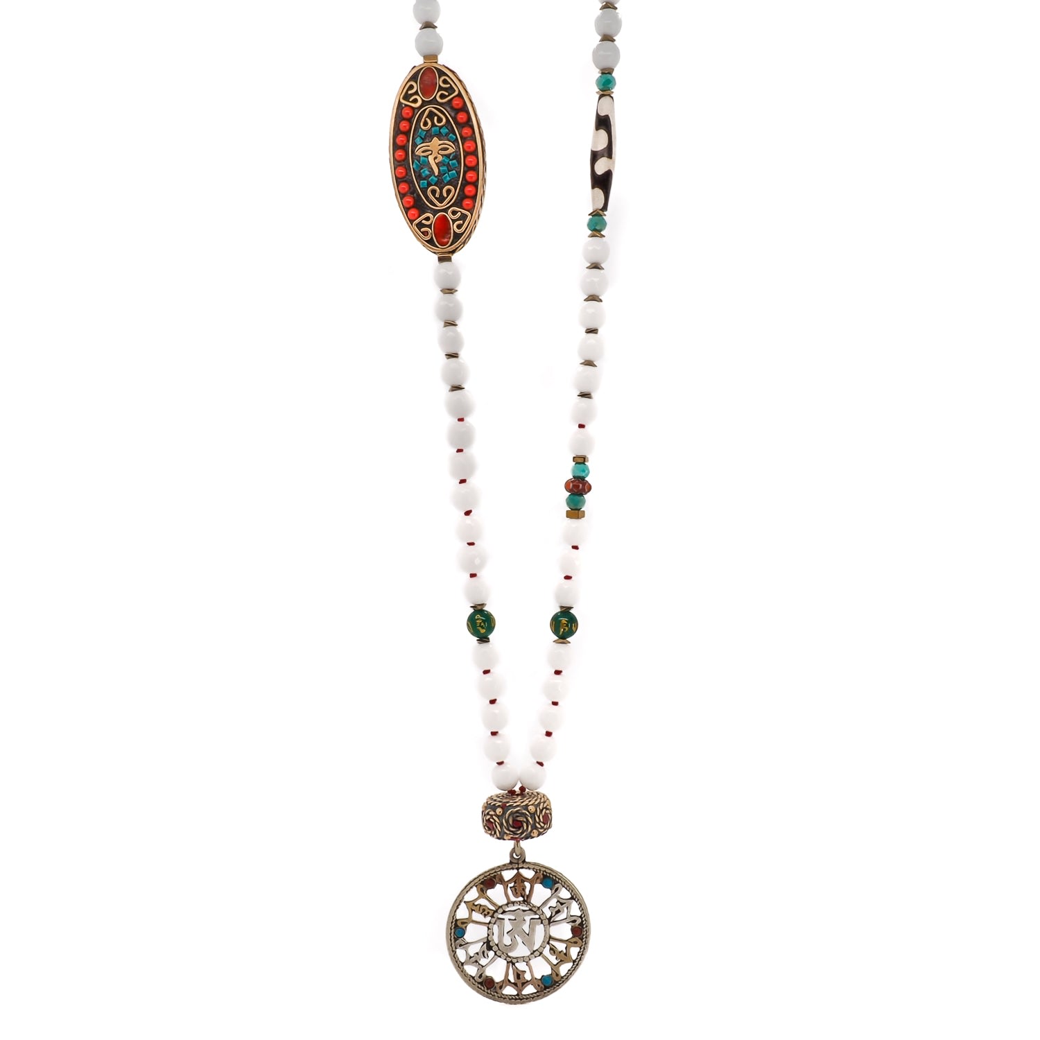 Women’s Gold / White / Red Nepal Mantra Pendant & Eye Of Buddha White Beaded Necklace - White Ebru Jewelry