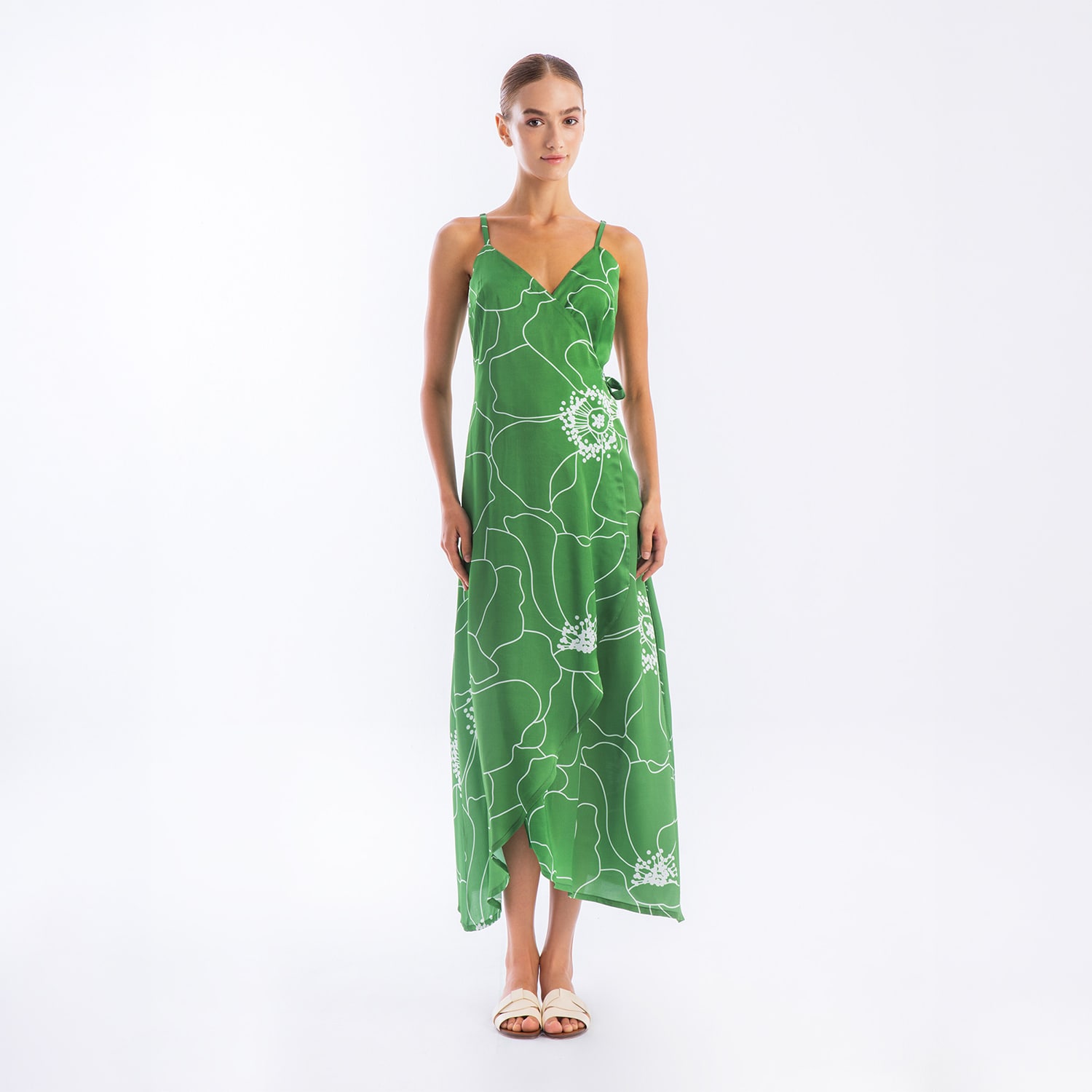 Women's Printed Satin Wrap Maxi Dress With Straps Green Peonies | Medium | Haris Cotton
