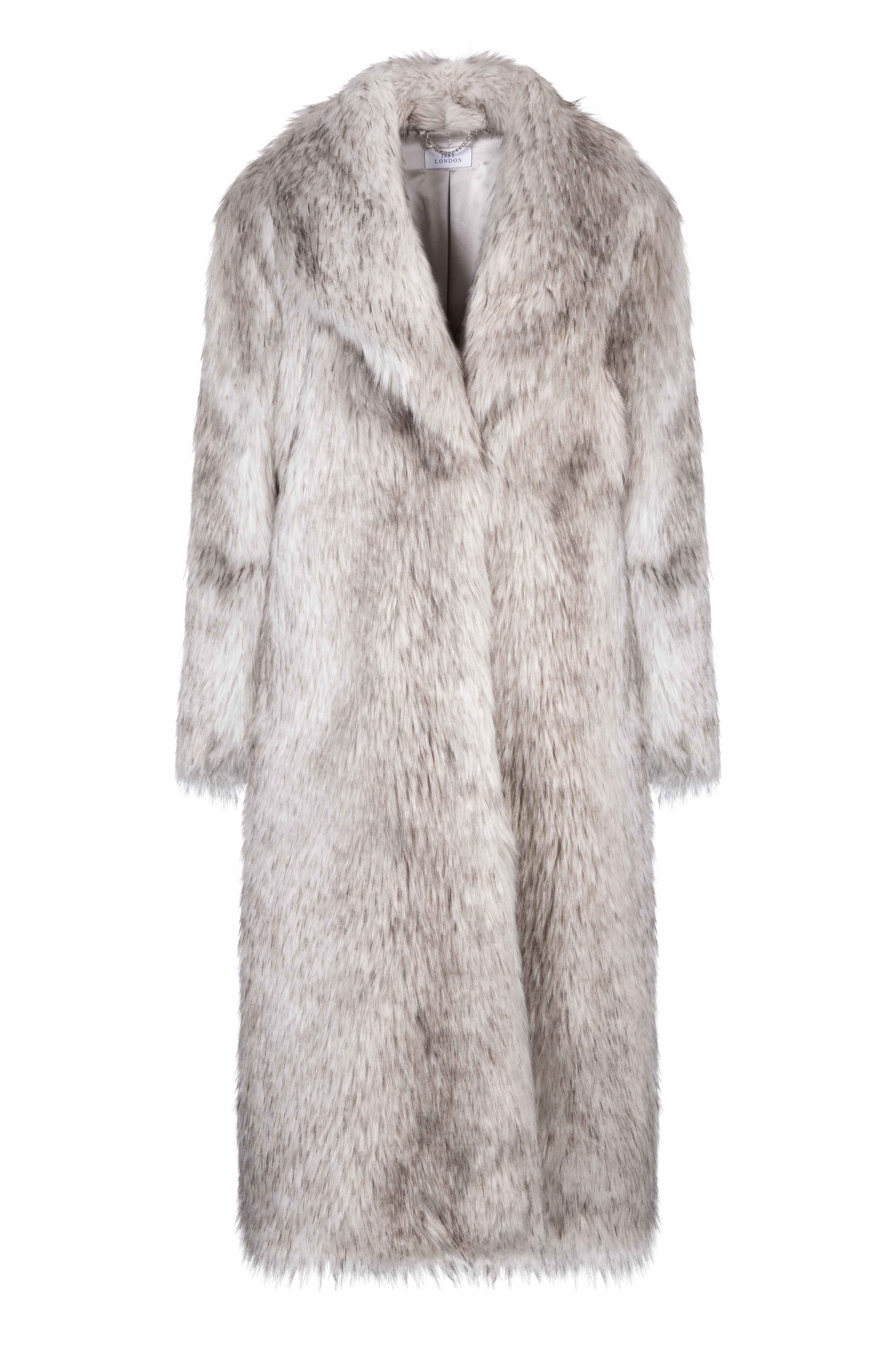 Elizabeth Maxi Coat Vegan Tipped Faux Fur Grey | ISSY LONDON