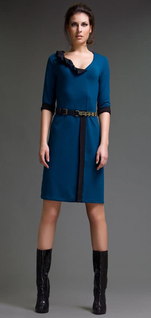 Elbow Sleeve Two Tone Felt Dress With Frill & Trim Detail | Conquista