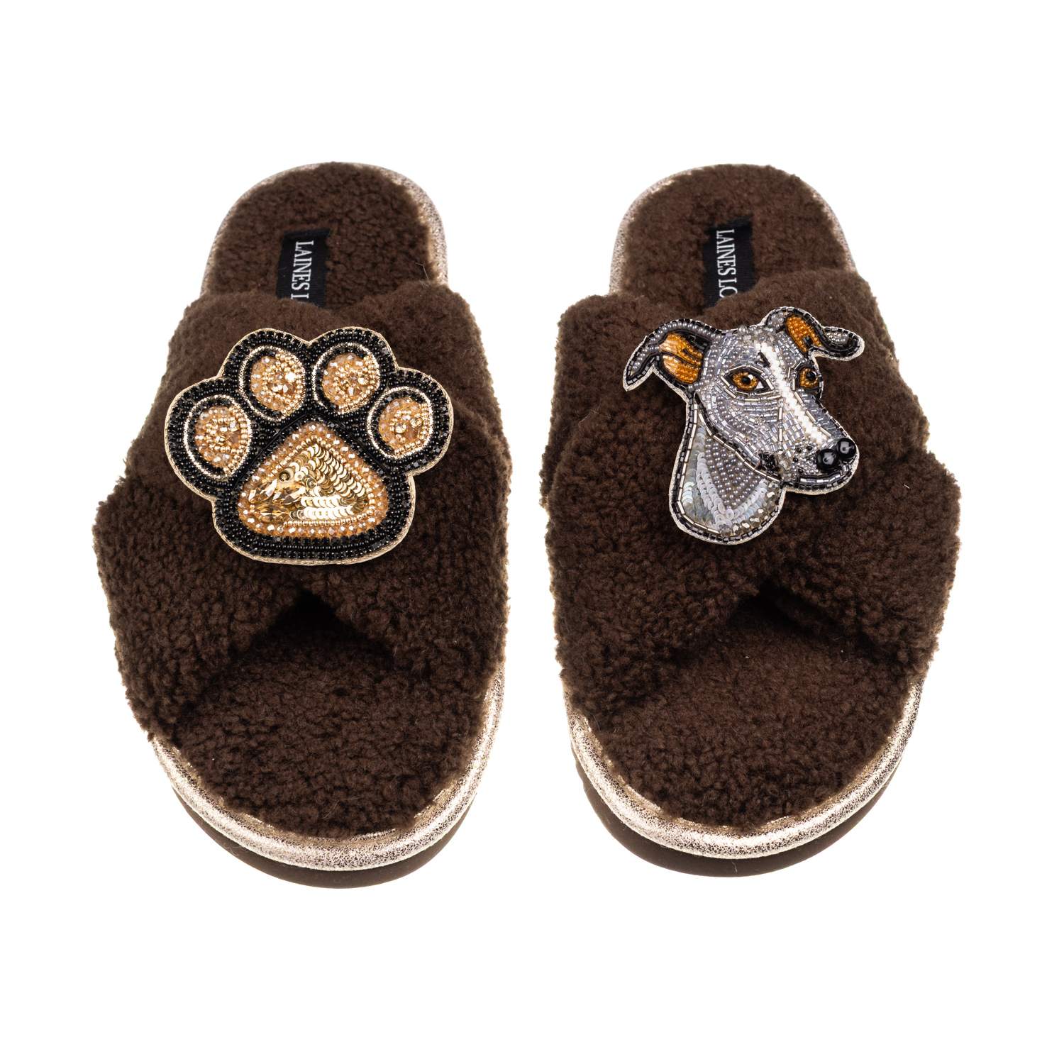 Laines London Women's Brown / Neutrals Laines Neutral Boucle Slippers With Vinny The Italian Greyhound & Paw Brooc