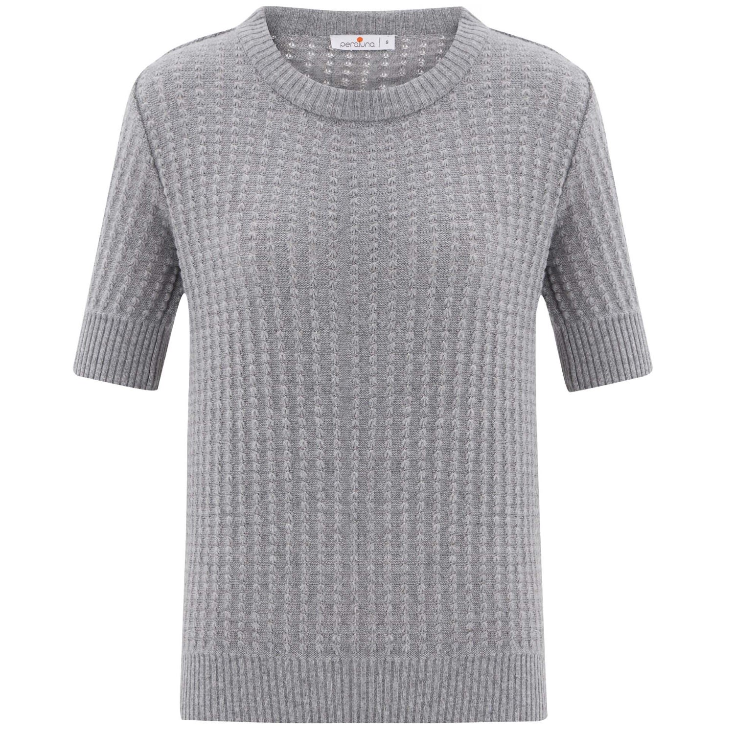 Women’s Cashmere Blend O-Neck Short Sleeve 3D Vertical Striped Knitwear Blouse - Grey Melange Extra Large Peraluna