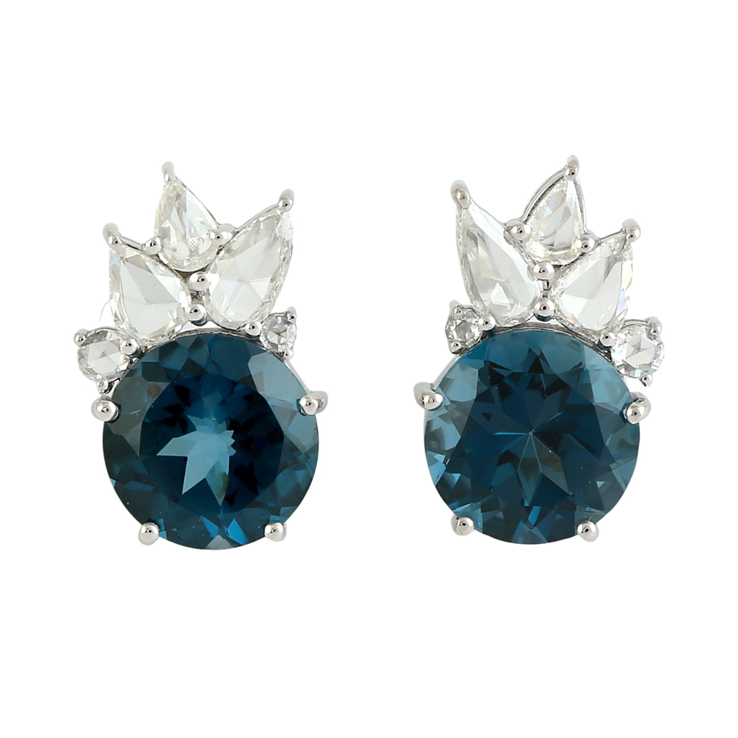 Artisan Women's White / Blue London Topaz & Rose Cut Diamond Stud Earrings In White Gold