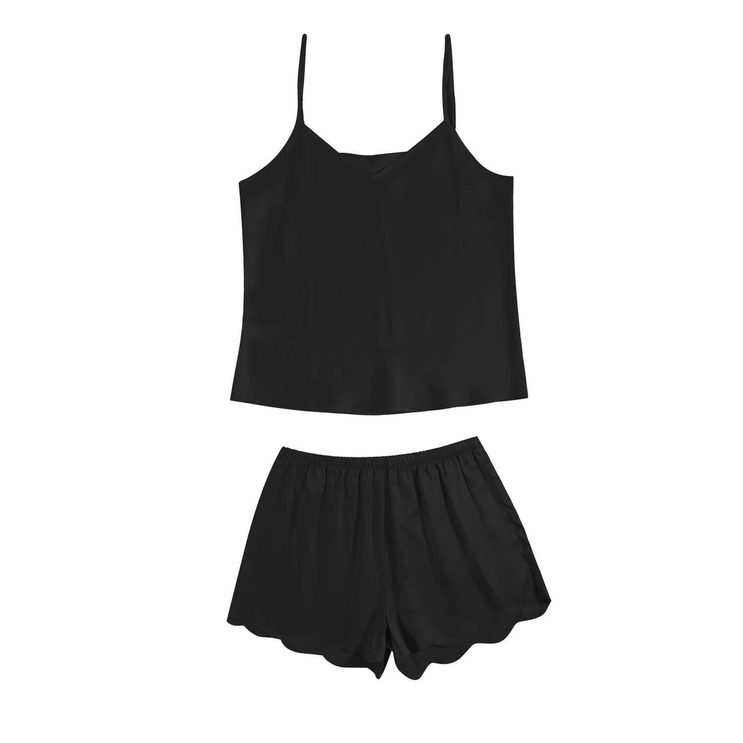 Women’s Pure Mulberry Silk Black Camisole And Scalloped Shorts Set Extra Large Soft Strokes Silk