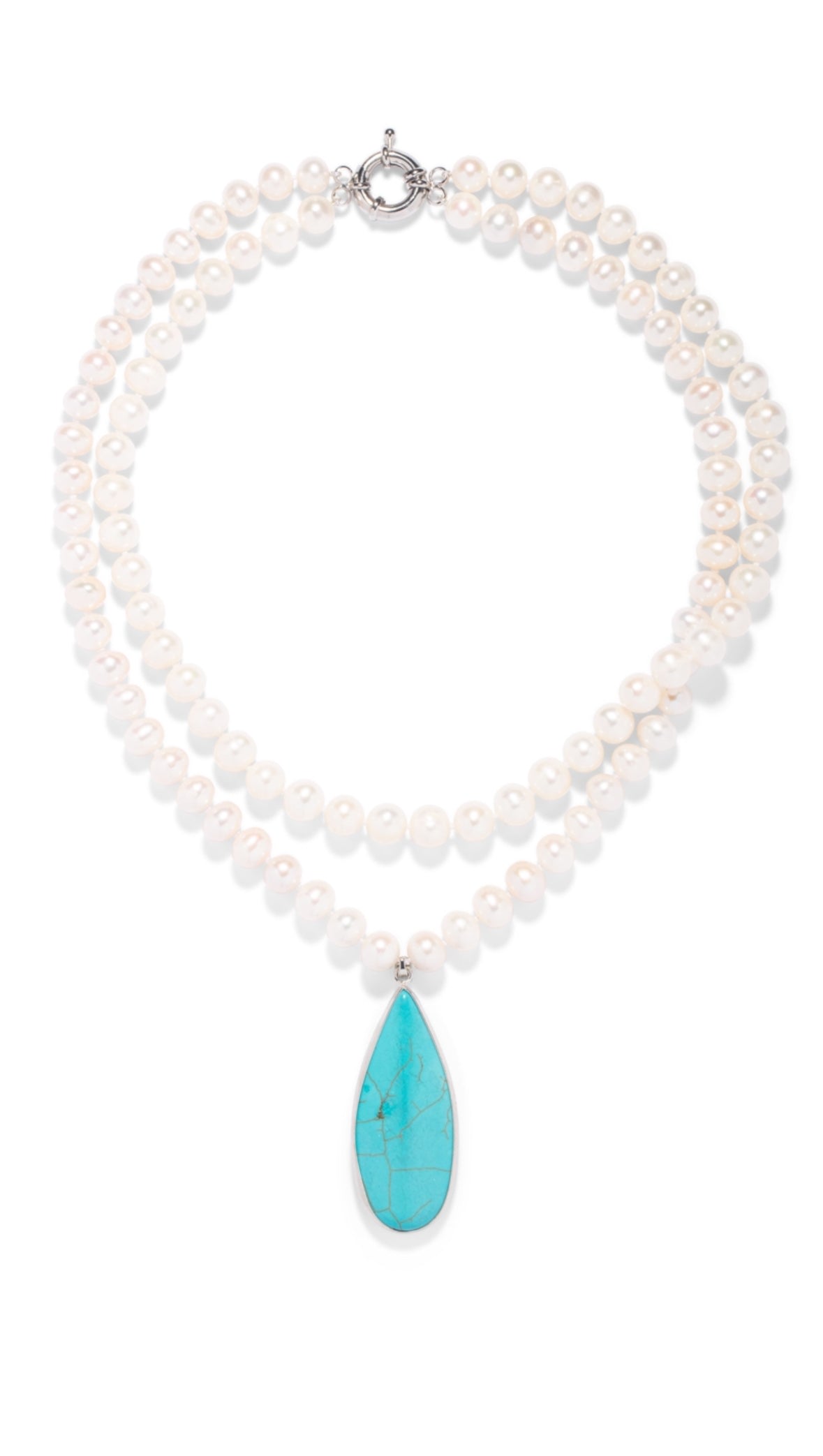 The Pink Reef Women's White  Double Cultured Pearl Strand With Turquoise Necklace