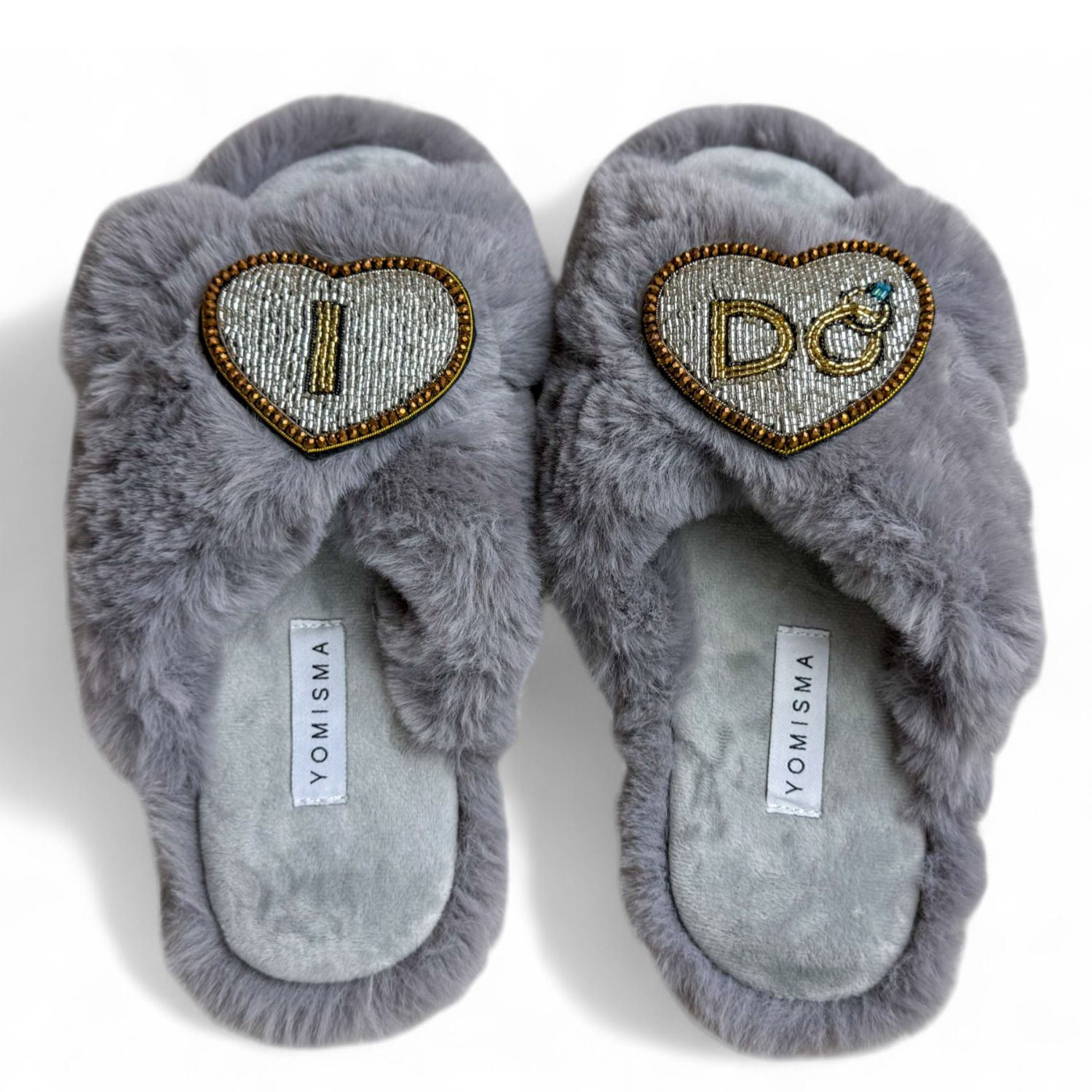 Yomisma Women's Faux Fur Slippers - Global Recycled Standard Certified With I Do Wedding Embellishment - Gre In Gray