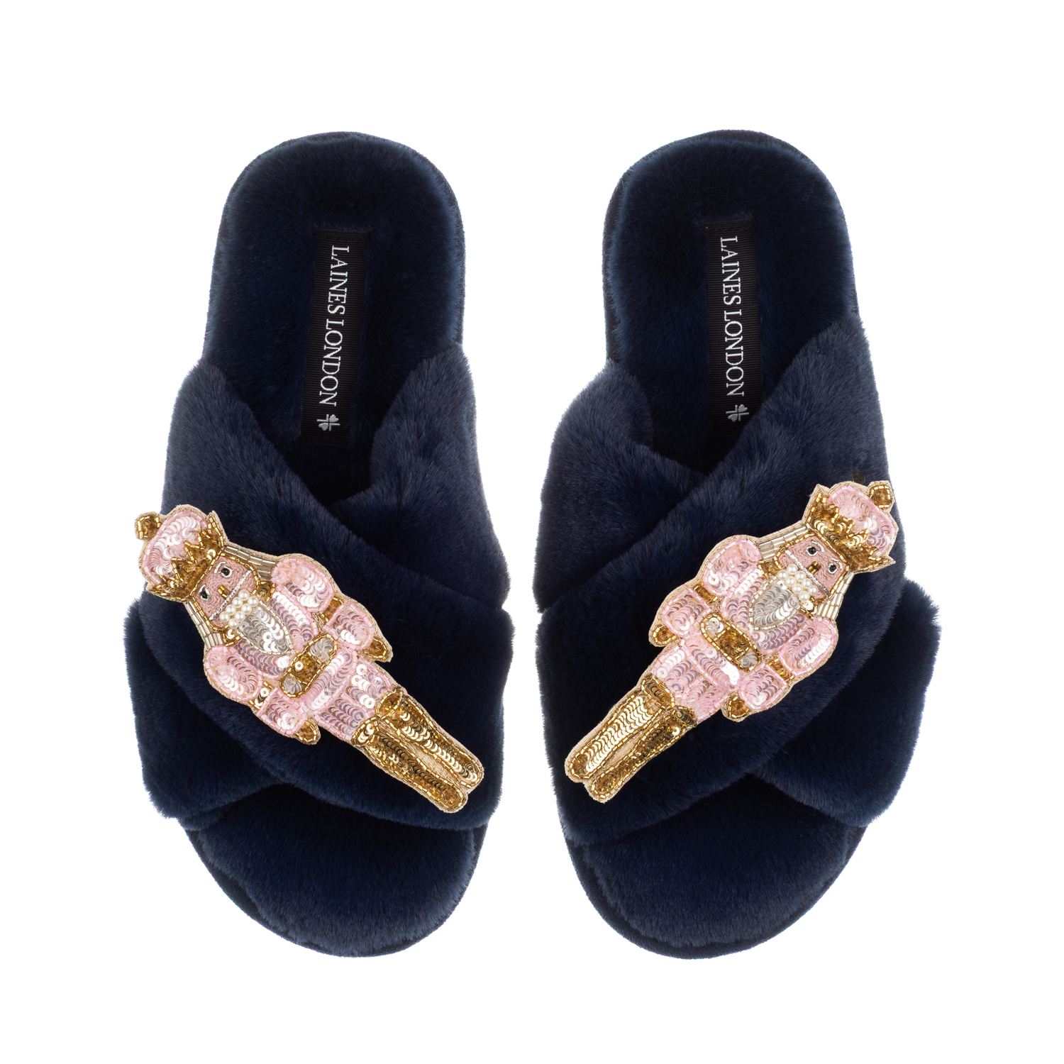 Laines London Women's Blue Classic Laines Christmas Collection Slippers With Double Pink Grand Nutcrackers Brooche In Blue
