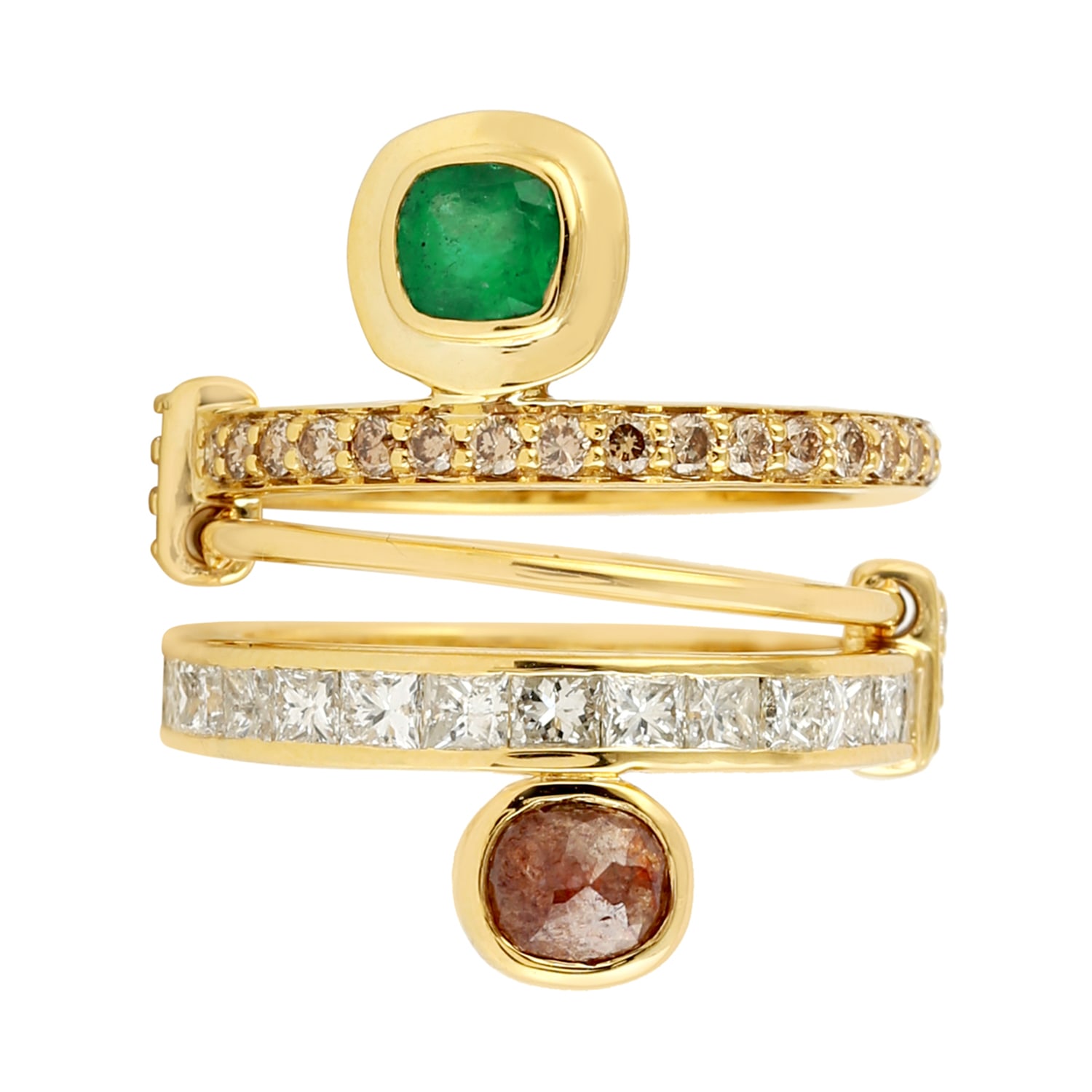 Women’s Green / Brown / Gold Handmade 14K Yellow Gold Natural Emerald Twin Rings Artisan