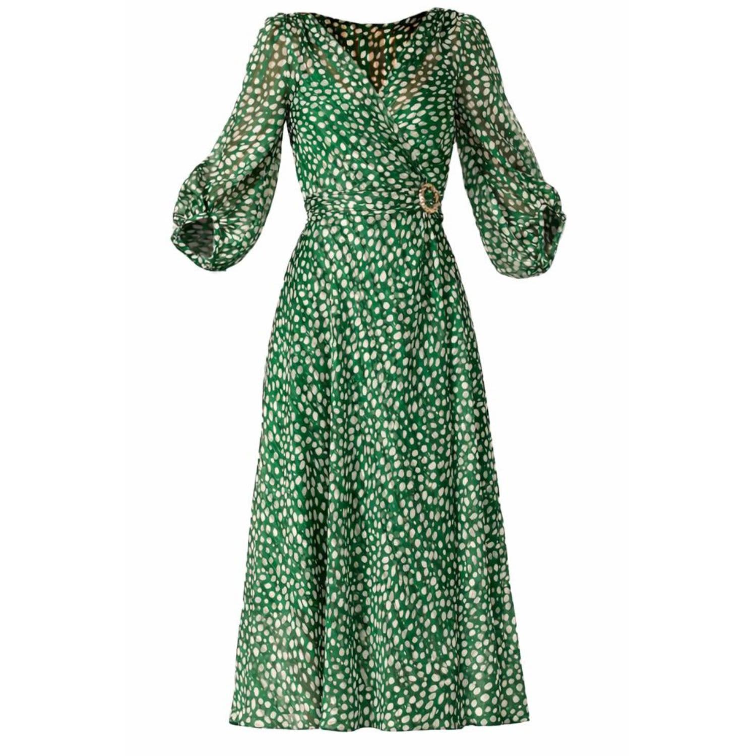 Cloudland Wrap Dress In Green White Spot | SACHA DRAKE | Wolf & Badger