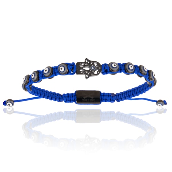 Men’s Black Pvd Hamsa Hand With Blue Polyester Bracelet Unisex Double Bone Bracelets