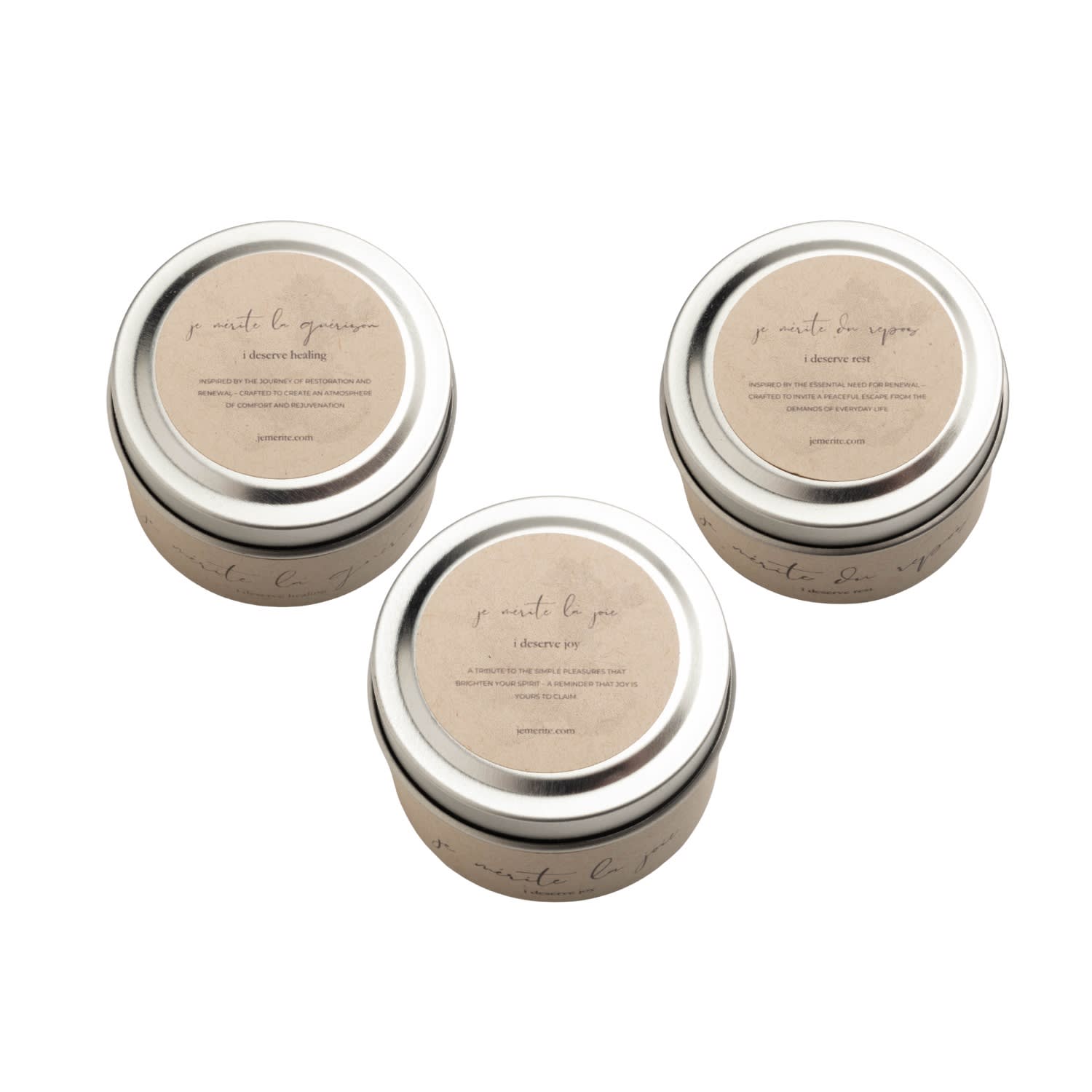 Je Mérite (i Deserve) White I Deserve Rest, Healing, & Joy 2 oz Travel Candle Discovery Set In White