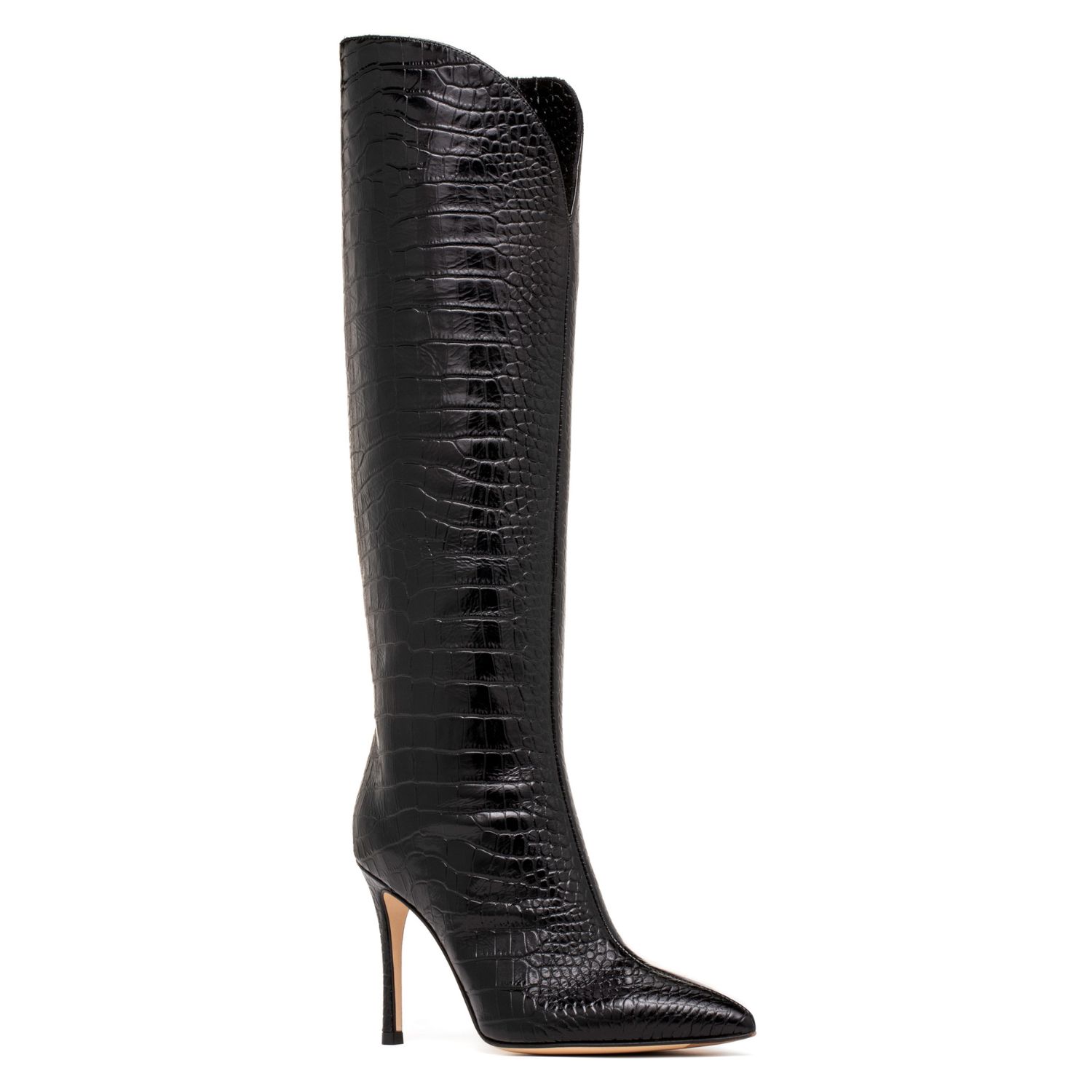 Beautiisoles By Robyn Shreiber Made In Italy Women's Peyton Black Embossed Croc Leather Evening Work Comfortable Heel Knee High Valentine Boot In Black