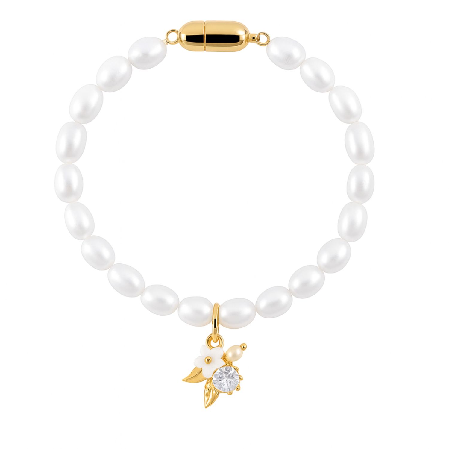 My Little Nature Women's White / Gold Freshwater Pearls Bracelet With White Flower And Magnetic Clasp In White