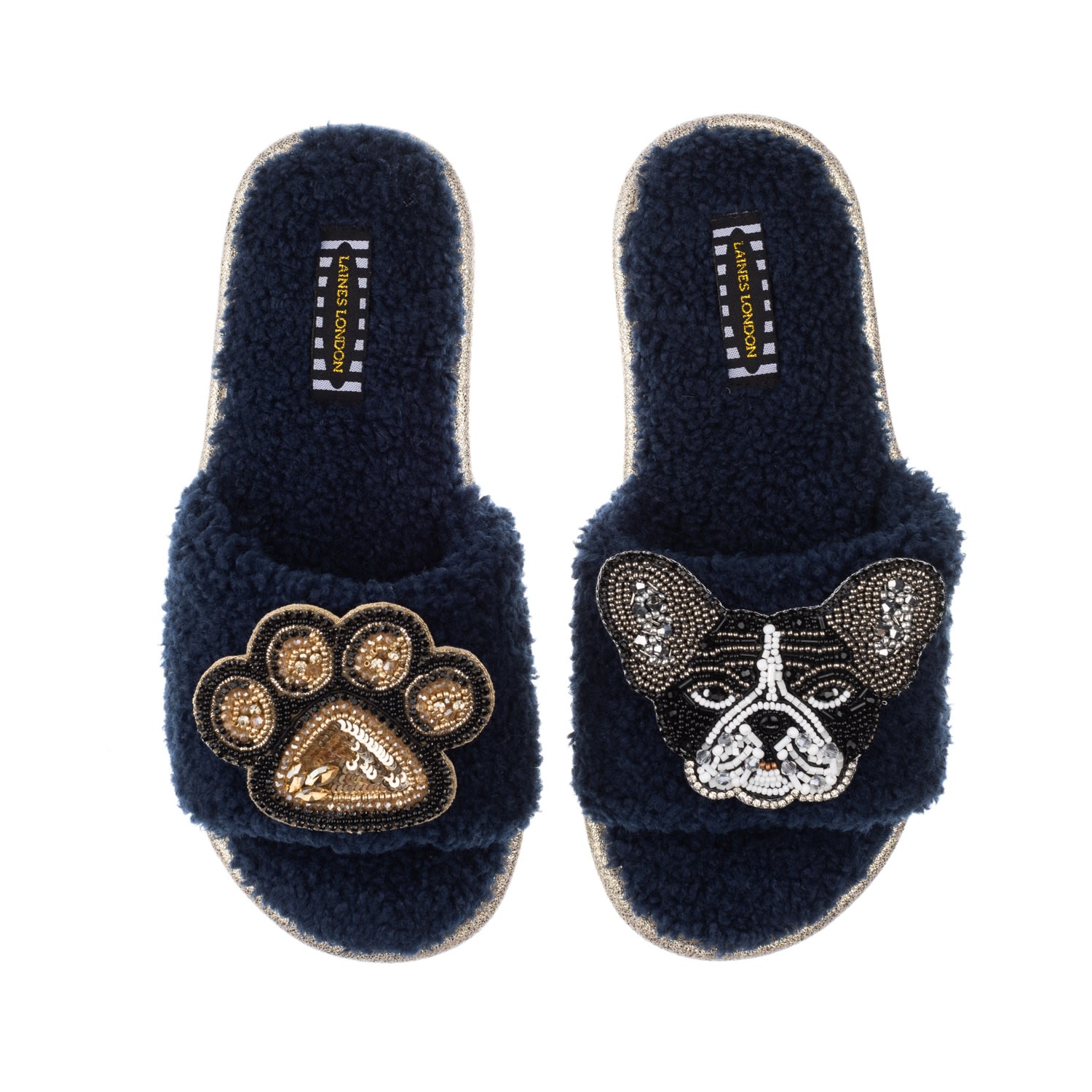 Women’s Blue Teddy Towelling Slipper Sliders With Coco & Paw Brooch - Navy Small Laines London