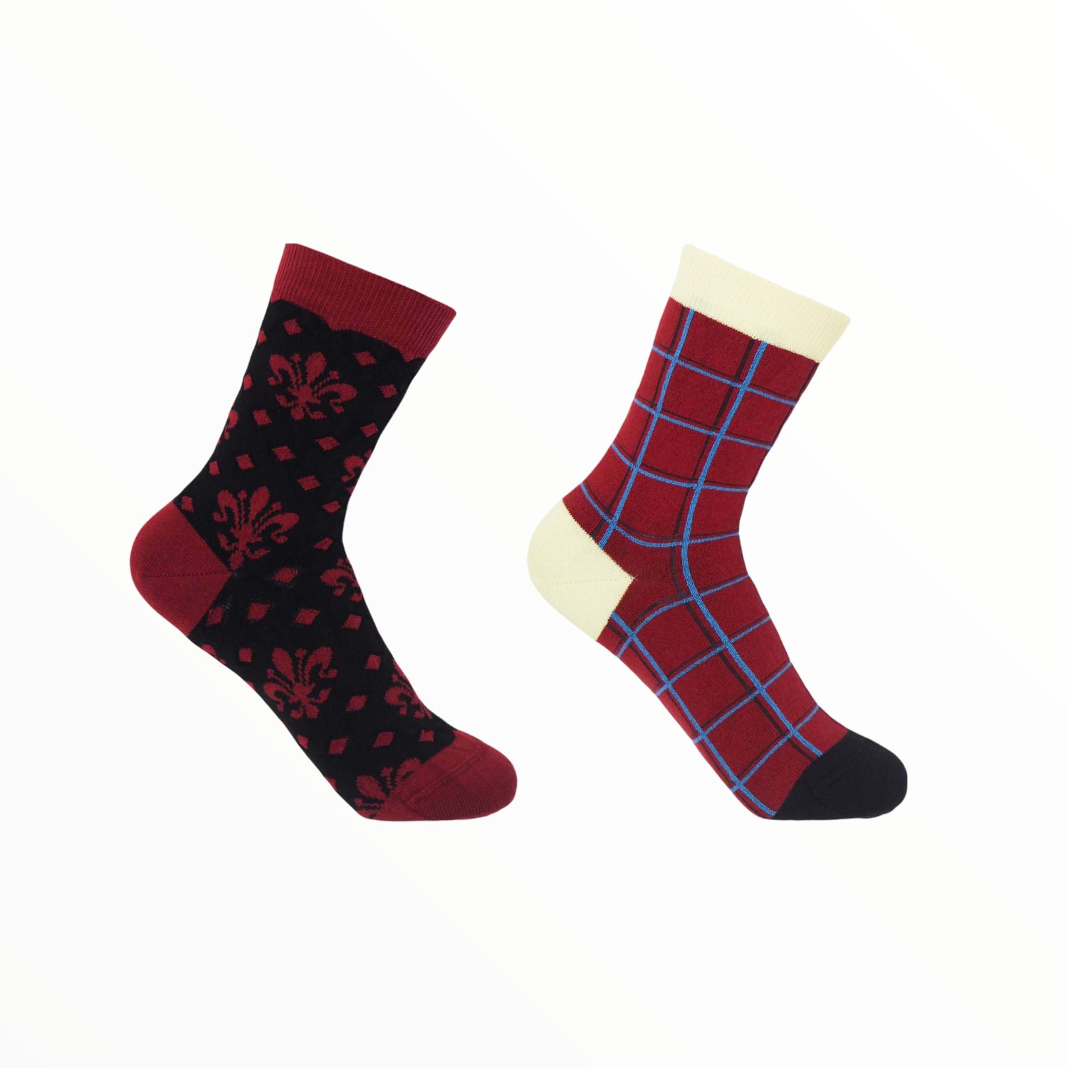 Peper Harow - Made In England Black Fleur De Lis & Burgundy Grid Women's Socks Two Pack In Black/red