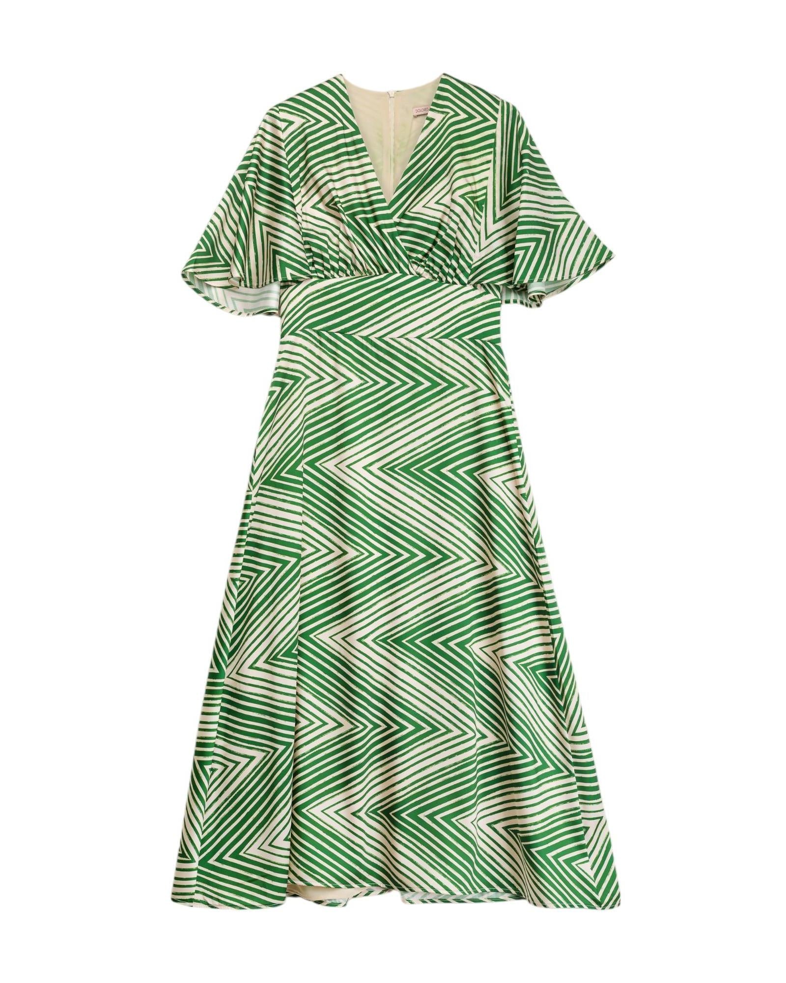 Women’s Green / Grey Midi Dress With Zigzag Cape Print Sleeve Extra Large Dolores Promesas