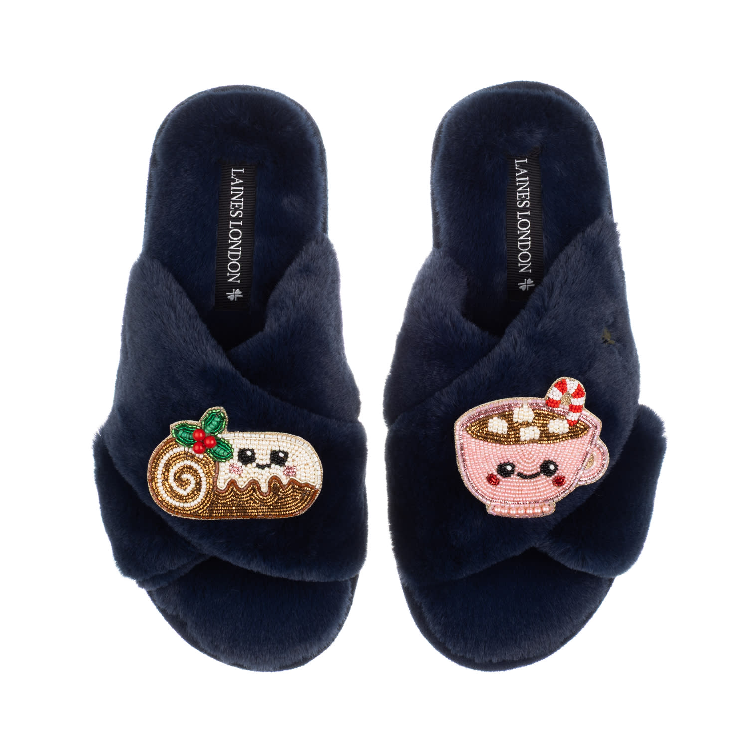 Laines London Women's Blue Classic Slippers With Christmas Laines Lovable Yule Log & Hot Chocolate Brooches - Navy In Blue