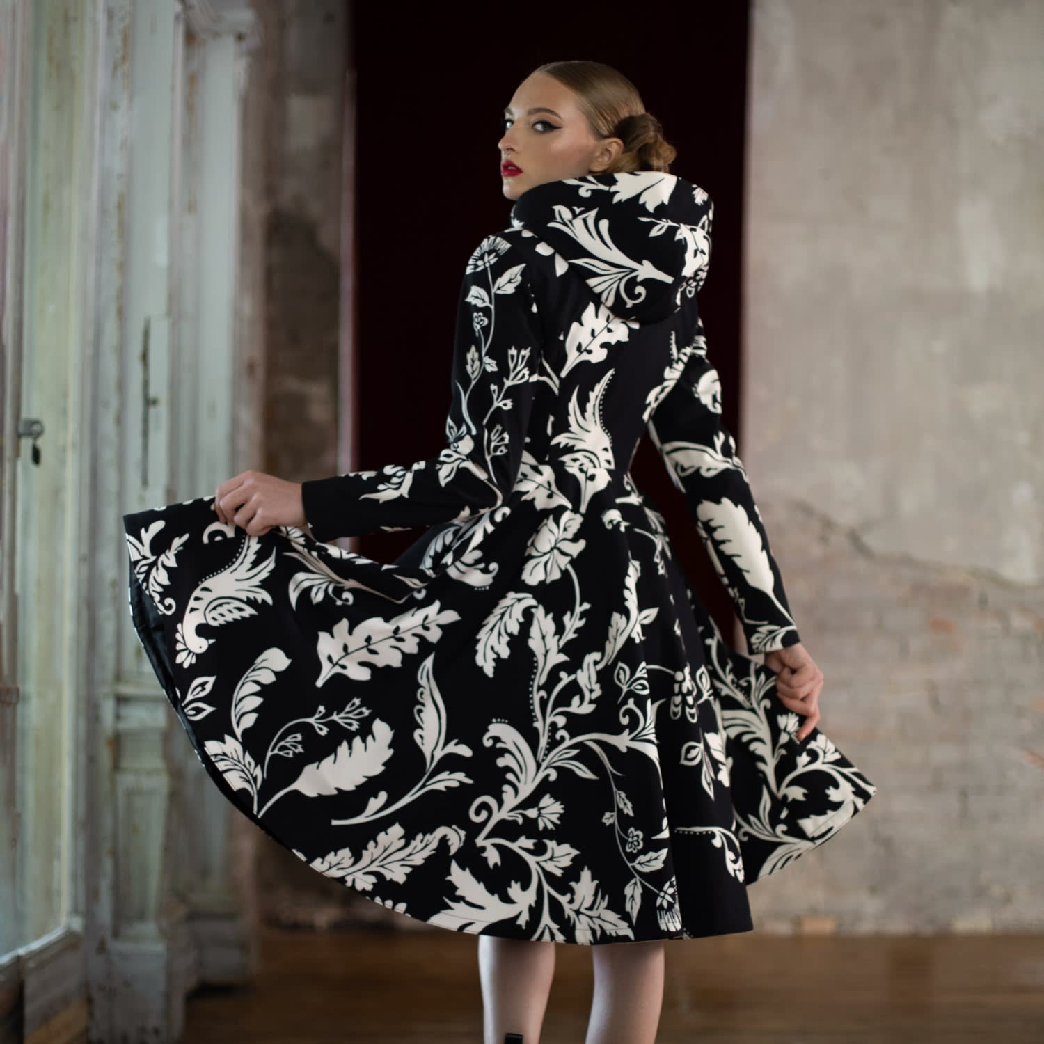 black and white winter dress Black Velvet White Lace Dress main image 0