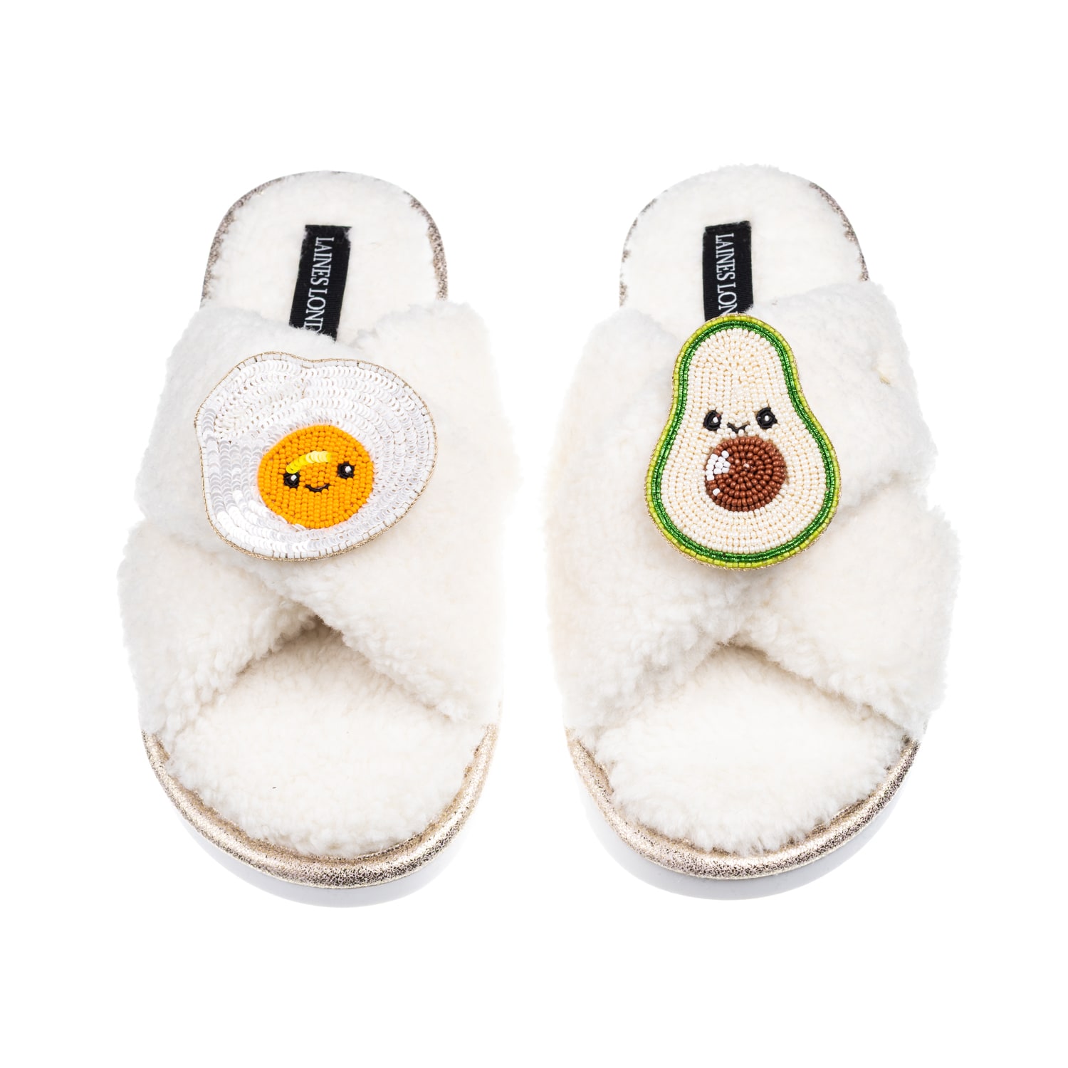 Laines London Women's Neutrals / White Laines Boucle Slippers With Laines Loveables Egg & Avocado Brooches - Cream