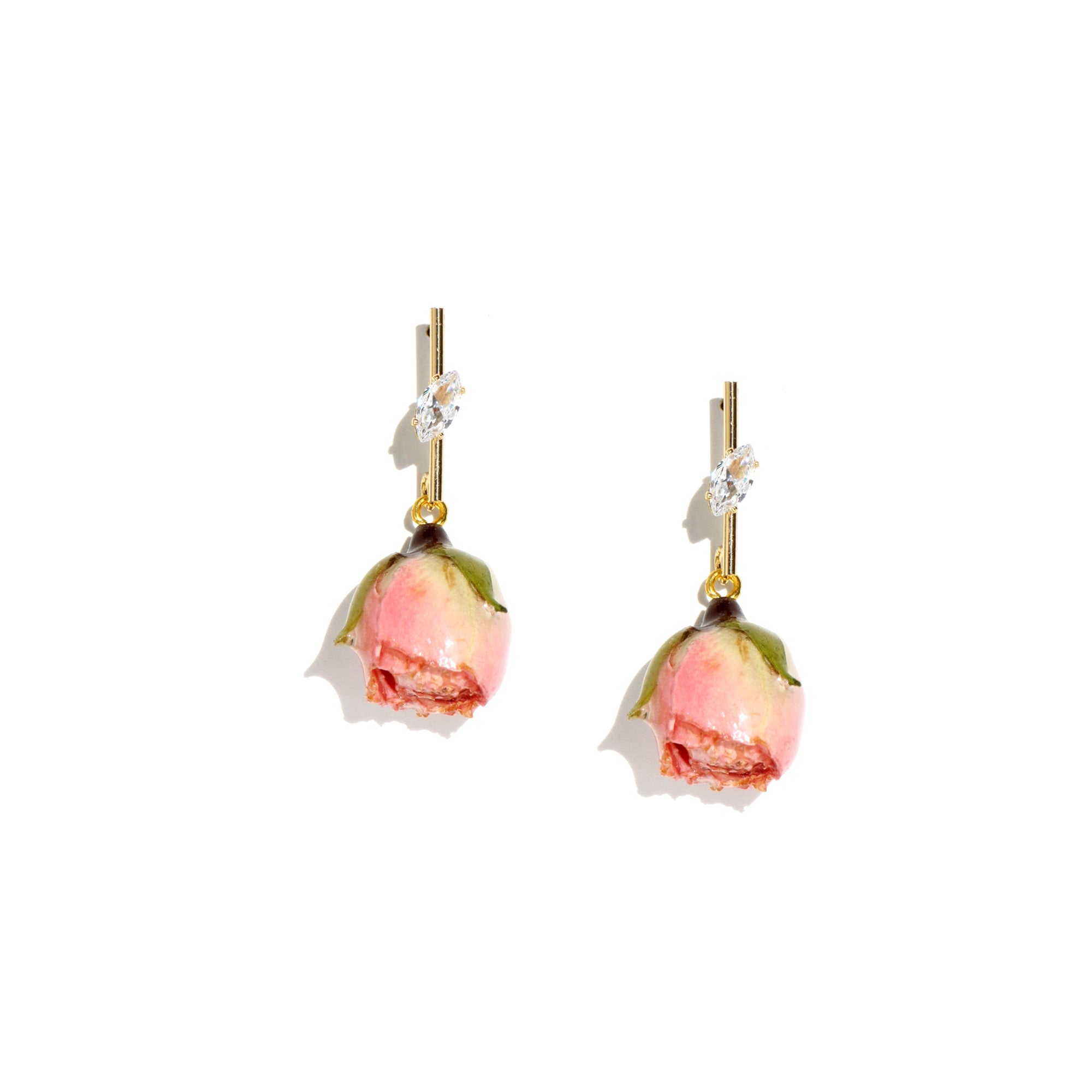 Lacquered Cream & Pink Real Rose Dangle Earrings Lacquered Cream & Pink Real Rose Dangle Earrings