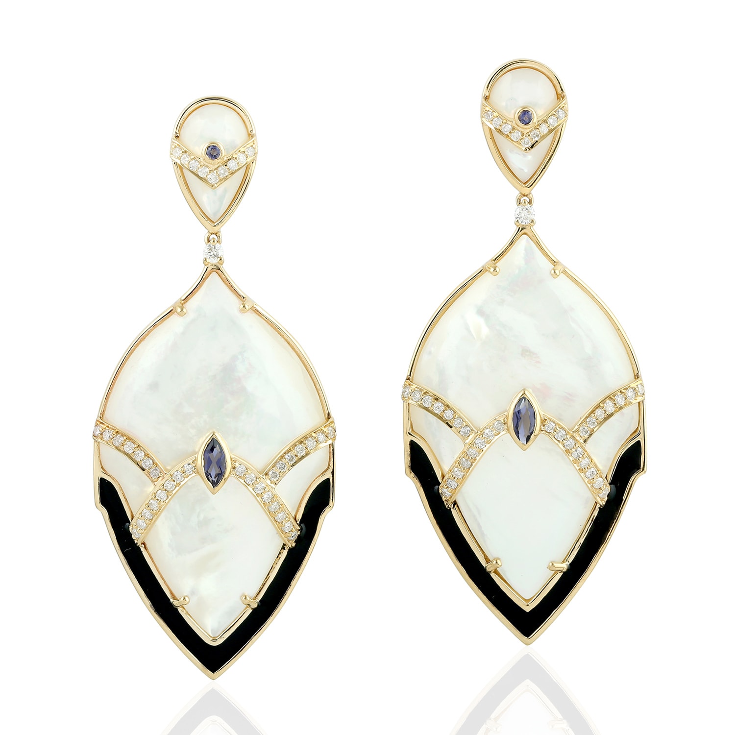 Artisan Women's White / Black / Gold Natural Mother Of Pearl & Iolite Pave Diamond Dangle Earrings In Gold In Multi