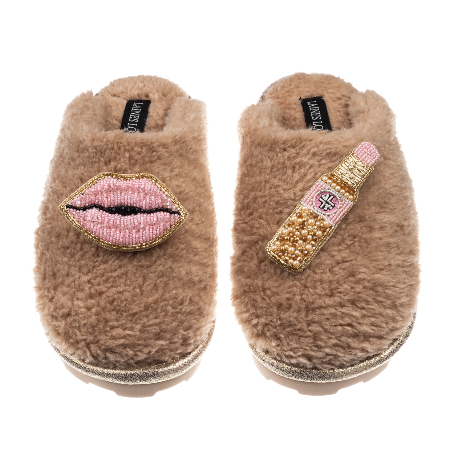 Laines London Women's Neutrals / Brown Teddy Closed Toe Slippers With Pink Lipstick & Lips Brooches - Toffee In Brown