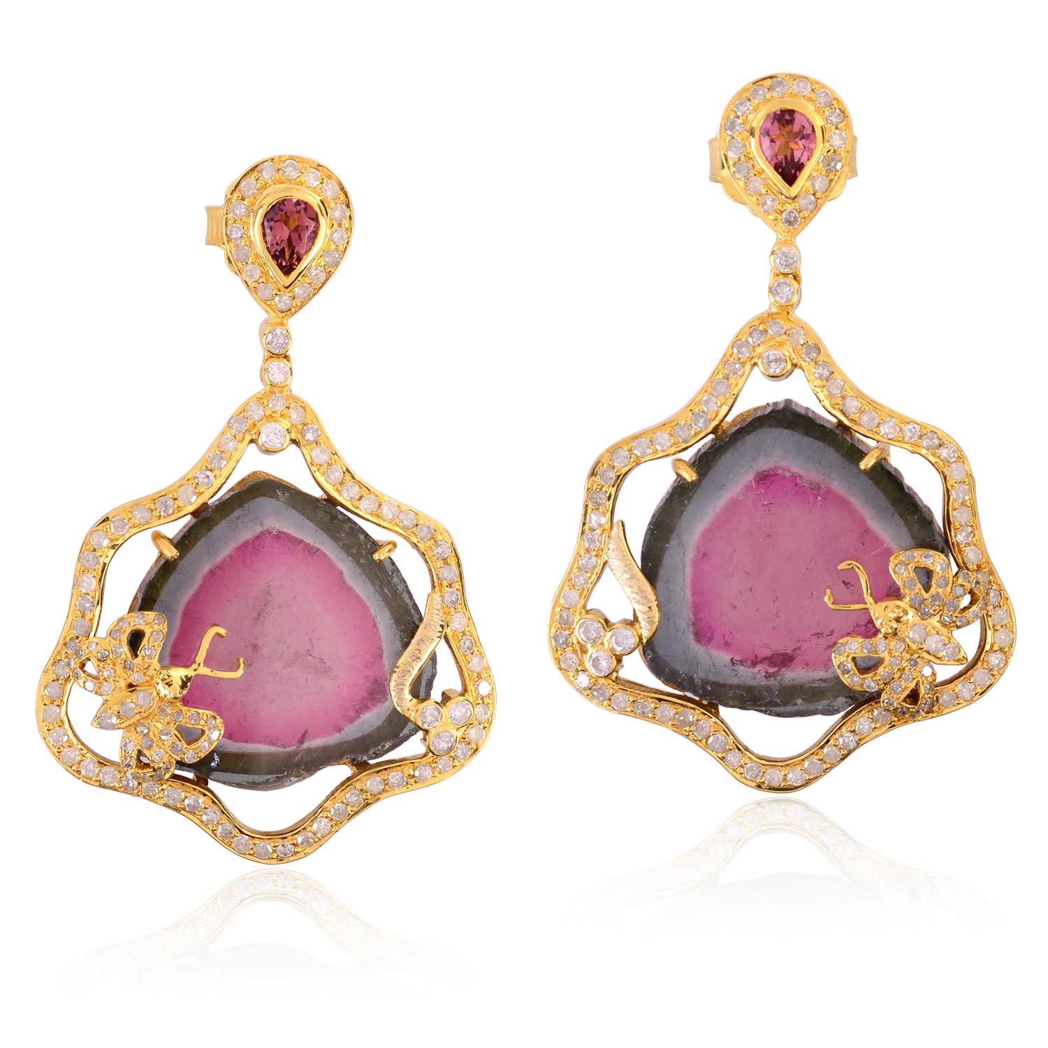 Artisan Women's White / Pink / Gold "watermelon Tourmaline Slice Drop Earrings In Gold With Diamond Butterfl