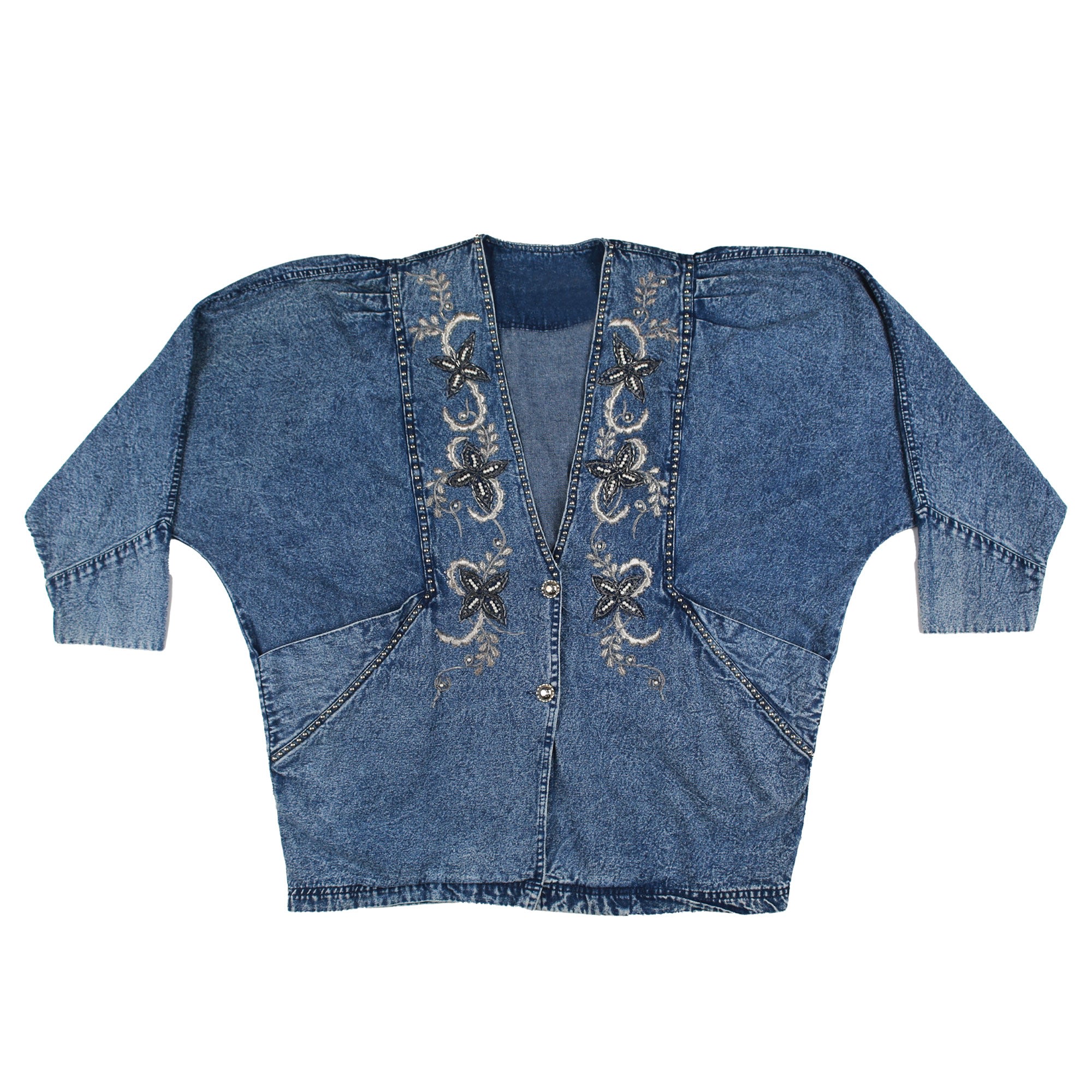 Women’s Blue Vintage Embroidered Denim Jacket With Details L/Xl Sugar Cream Vintage