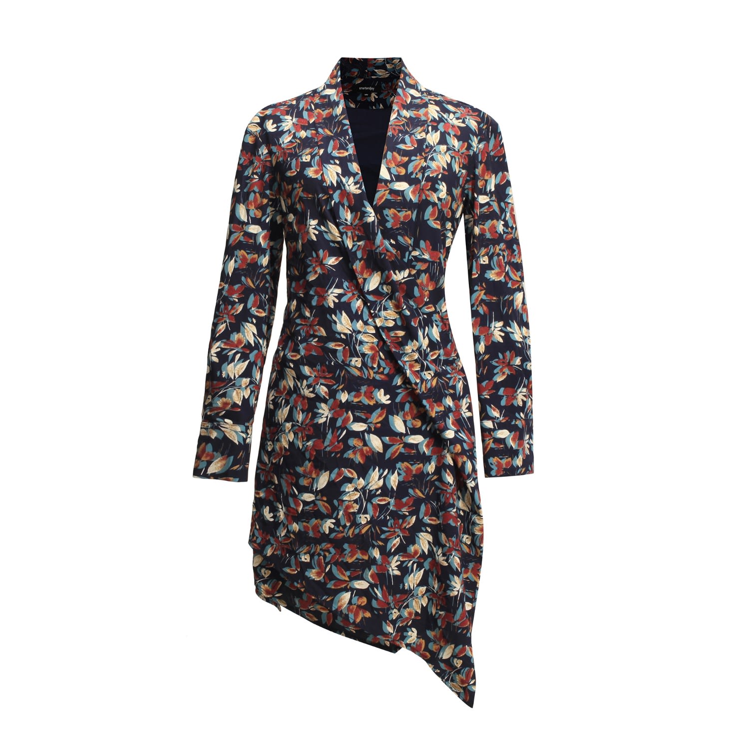 Smart And Joy Women's Draped Short Tunic - Dress In Leaves Print - Blue In Blue