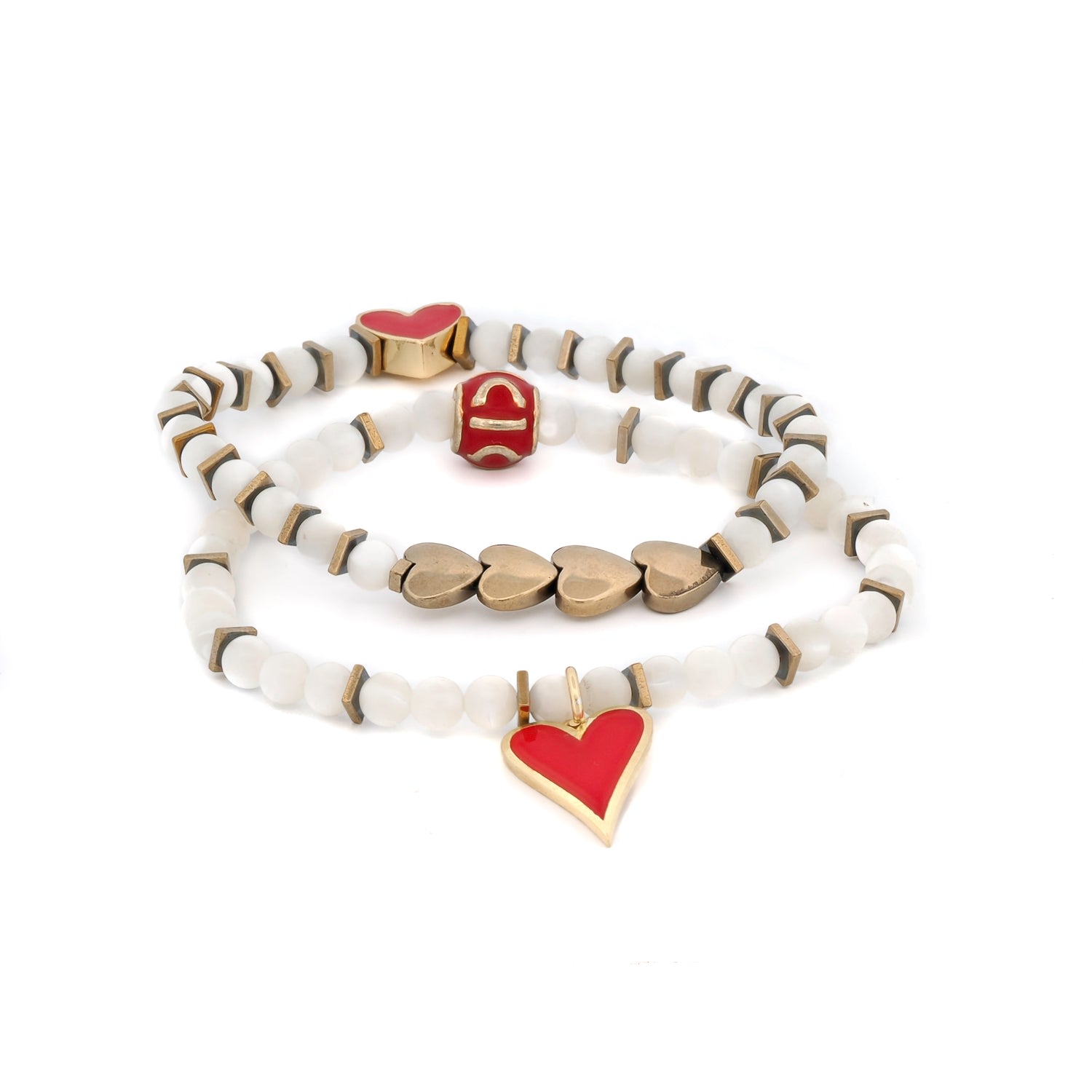 Women’s Gold / White / Red My Love Red & Gold Heart White Beaded Bracelet Set - Red Ebru Jewelry