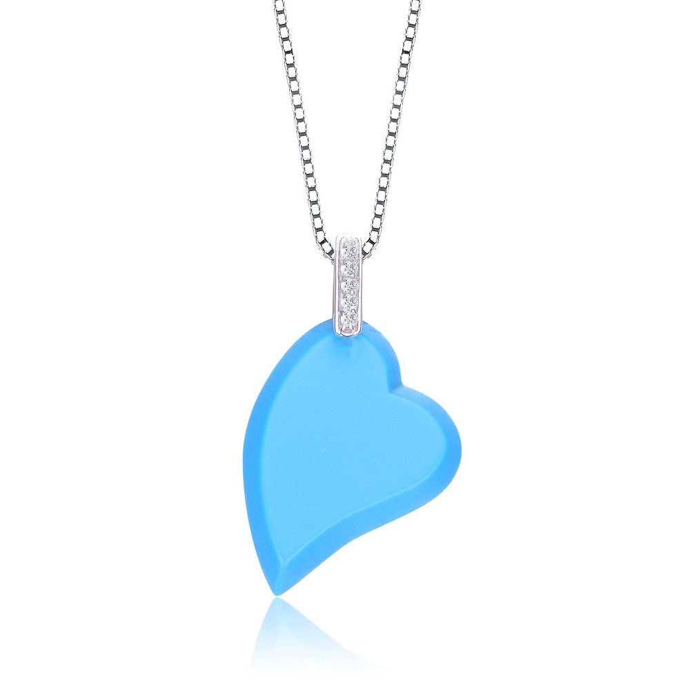 Women’s Silver / White Cz Sterling Silver Rhodium Plated Heart Shape Turquoise Mother Of Pearl Pendant Genevive Jewelry