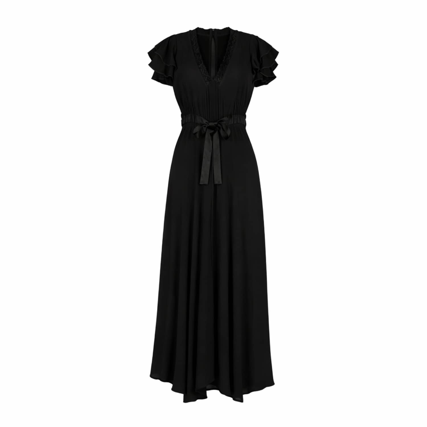 Rose & Nancy Lace Detail Tie Waist Maxi Dress - Black