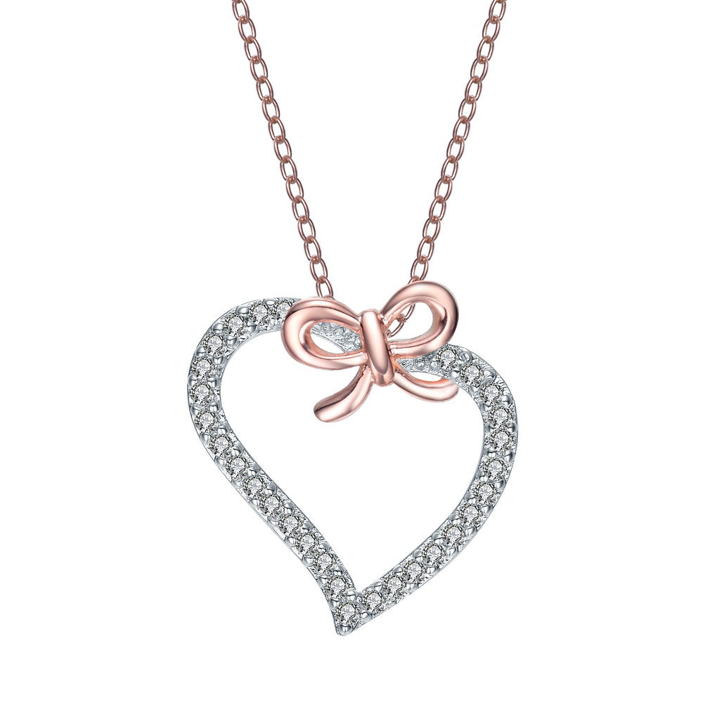 Women’s White / Rose Gold Rose-Plated Sterling Silver Cubic Zirconia Heart And Bowtie Necklace Genevive Jewelry