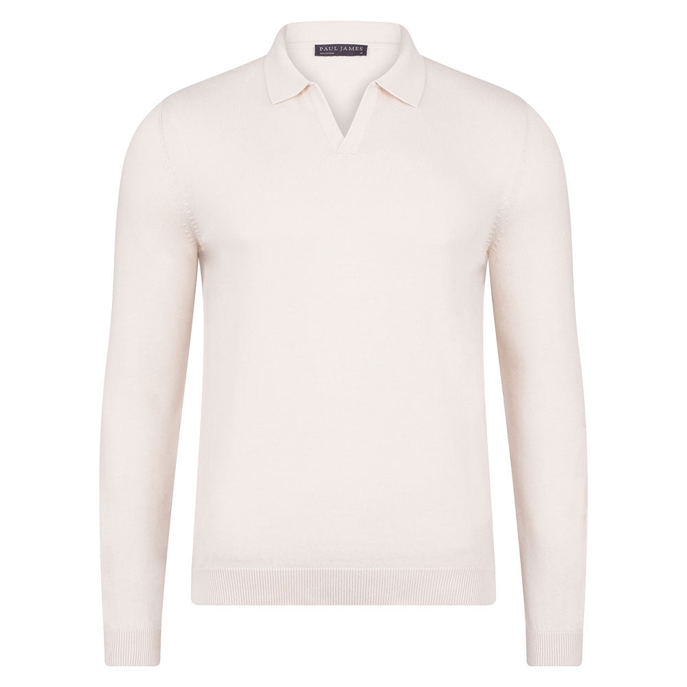 Paul James Knitwear White Mens Cotton Lightweight Lyndon Buttonless Polo Shirt - Ecru In White