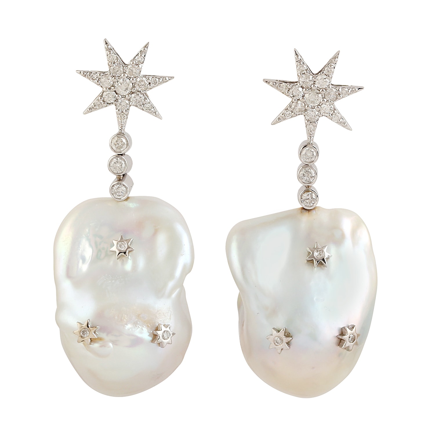 Artisan Women's Natural Pearl & Diamond Star Dangle Earrings In White Gold In Metallic
