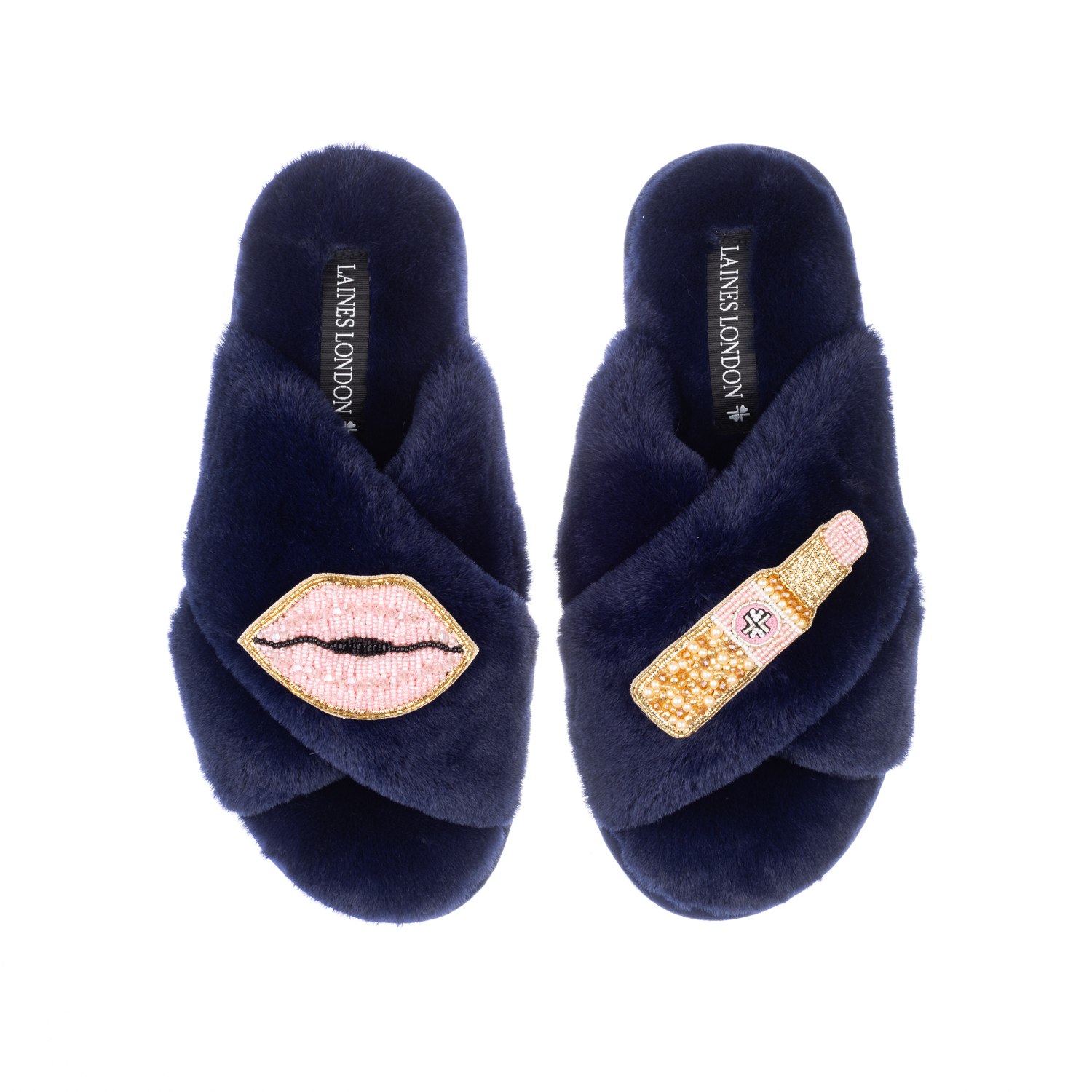 Laines London Women's Blue Classic Laines Slippers With Pink Lipstick & Lips Brooches - Navy In Blue