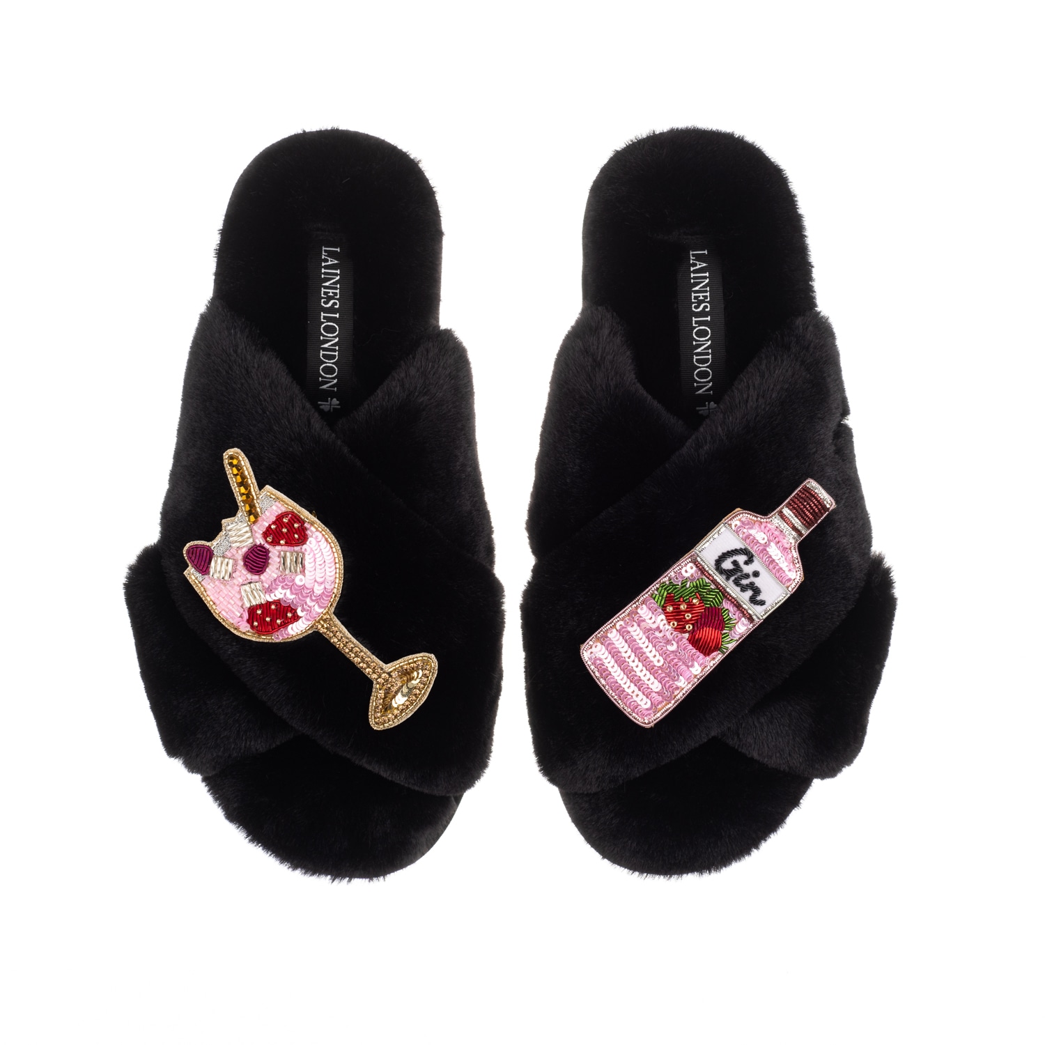 Laines London Women's Classic Laines Slippers With Pink Gin & Fruit Glass Brooches - Black In Black