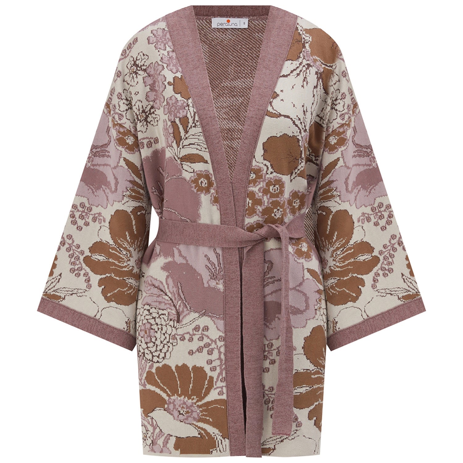 Women’s Floral Pattern Shimmer Detailed Short Knit Kimono - Purple/Multicolour L/Xl Peraluna