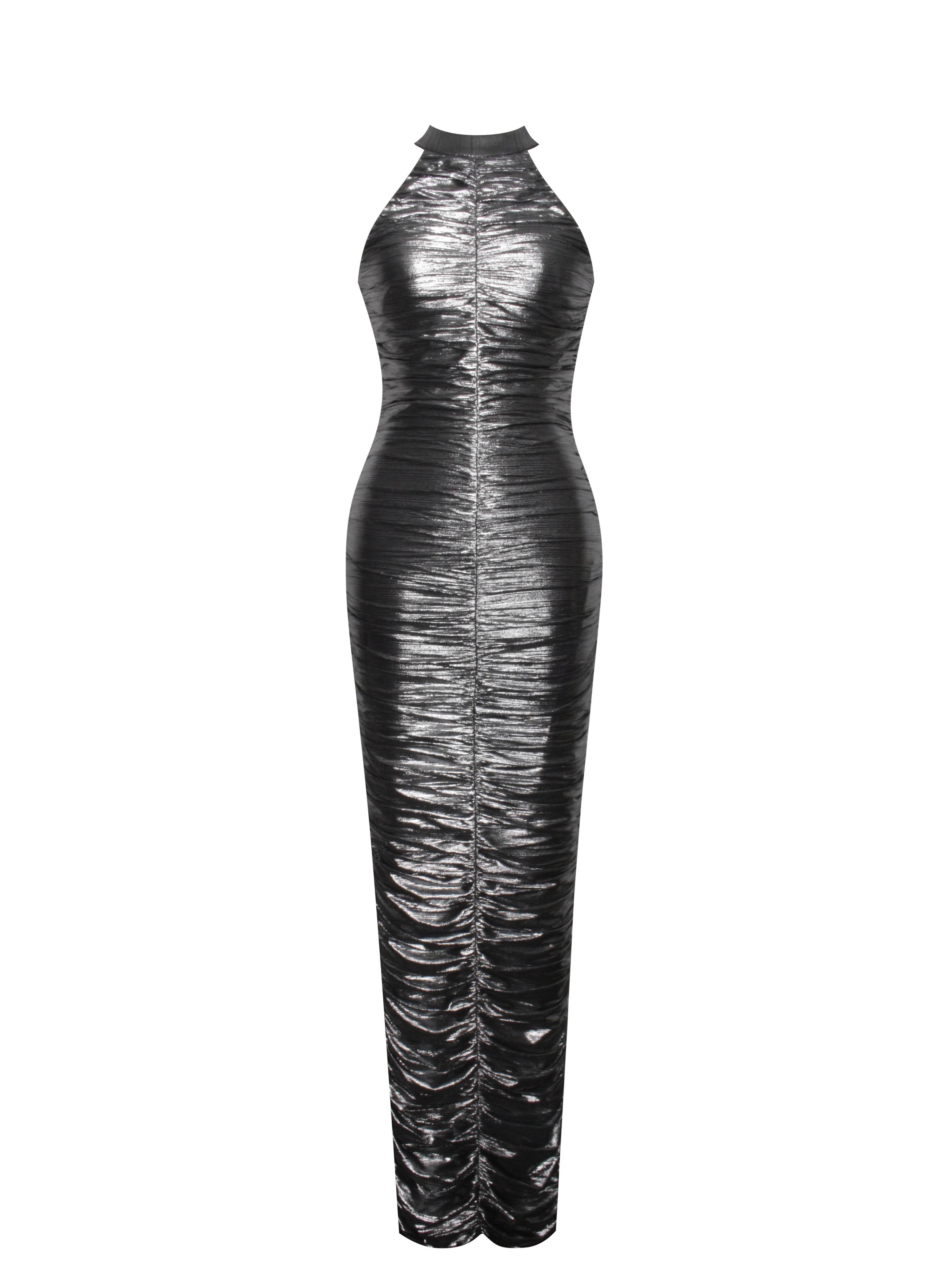 Miss Circle New York Women's Abril Ruched Silver Glitter Backless Gown In Silver