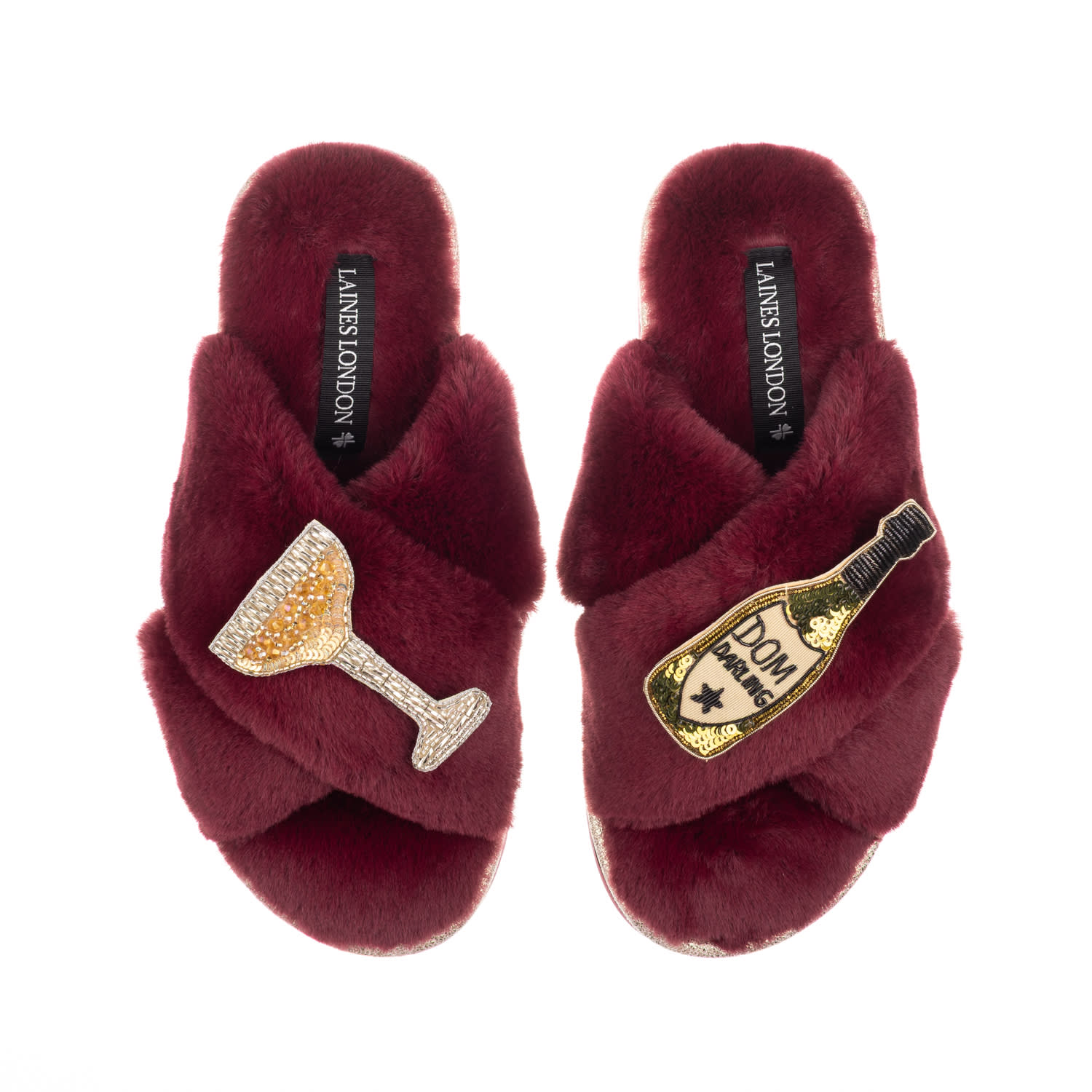 Laines London Women's Gold / Red Classic Laines Slippers With Dom Darling Champagne Brooches - Limited Edition Bur In Burgundy