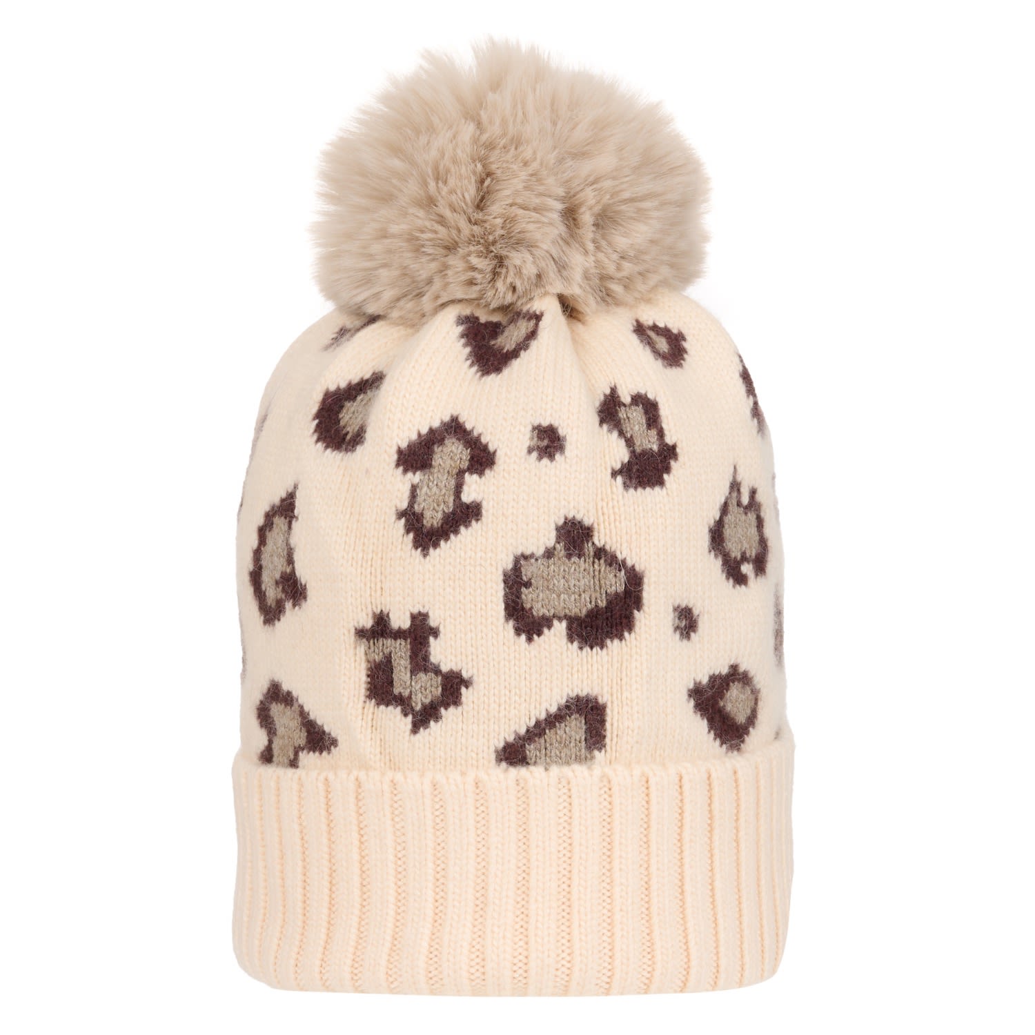 At Last... Women's Neutrals Super Soft Chunky Cashmere Mix Hat With Pom Pom In Leopard