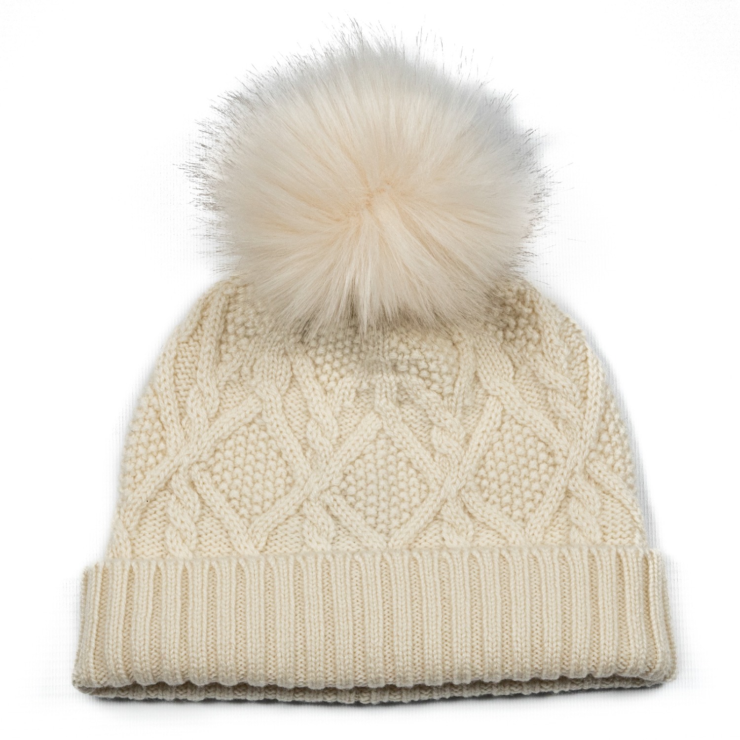 Women's Cable Cashmere Hat With Pon Pon White | 56Cm | Bel Cashmere