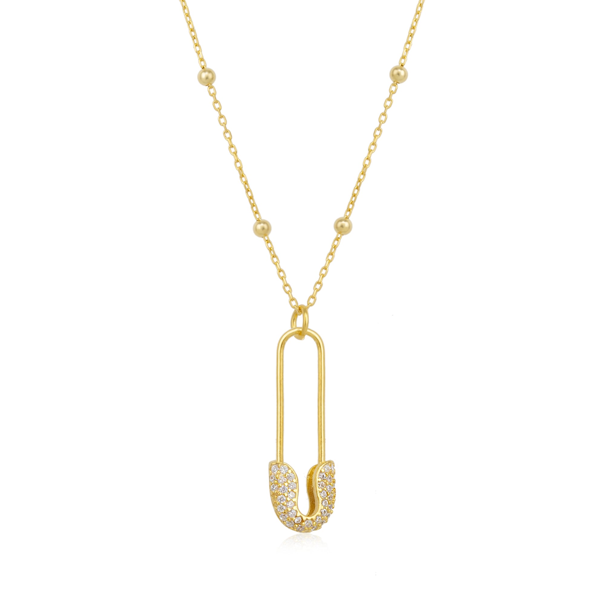 Spero London Women's Pave Safety Pin Necklace Jewelled With Beaded Chain In Sterling Silver - Gold In Gold
