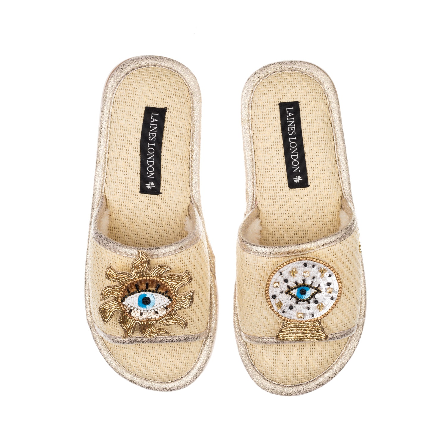 Women’s Neutrals Straw Braided Sandals With Handmade Mystic Eyes Brooches - Cream Extra Large Laines London