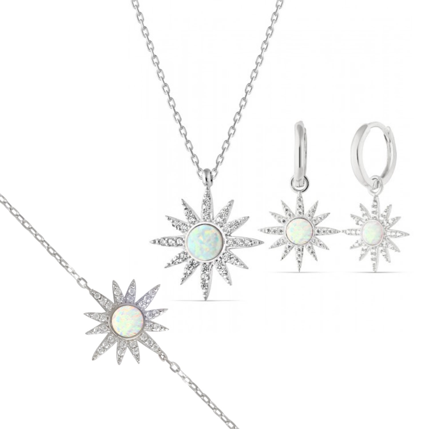 Spero London Women's White Opal Sun Sterling Silver Necklace Earring & Bracelet Set - Silver In Silver