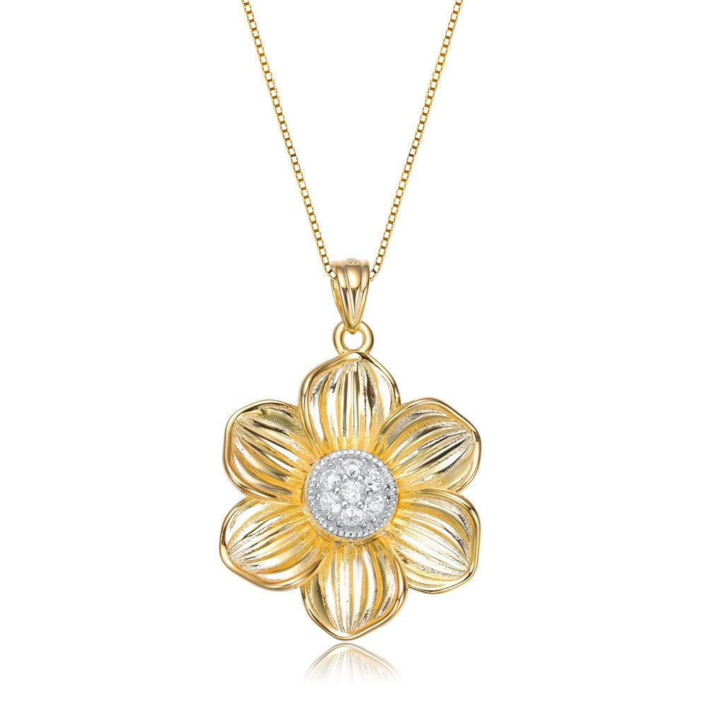 Women’s Gold Plated Flower Shaped White Cubic Zirconia Pendant Necklace Genevive Jewelry