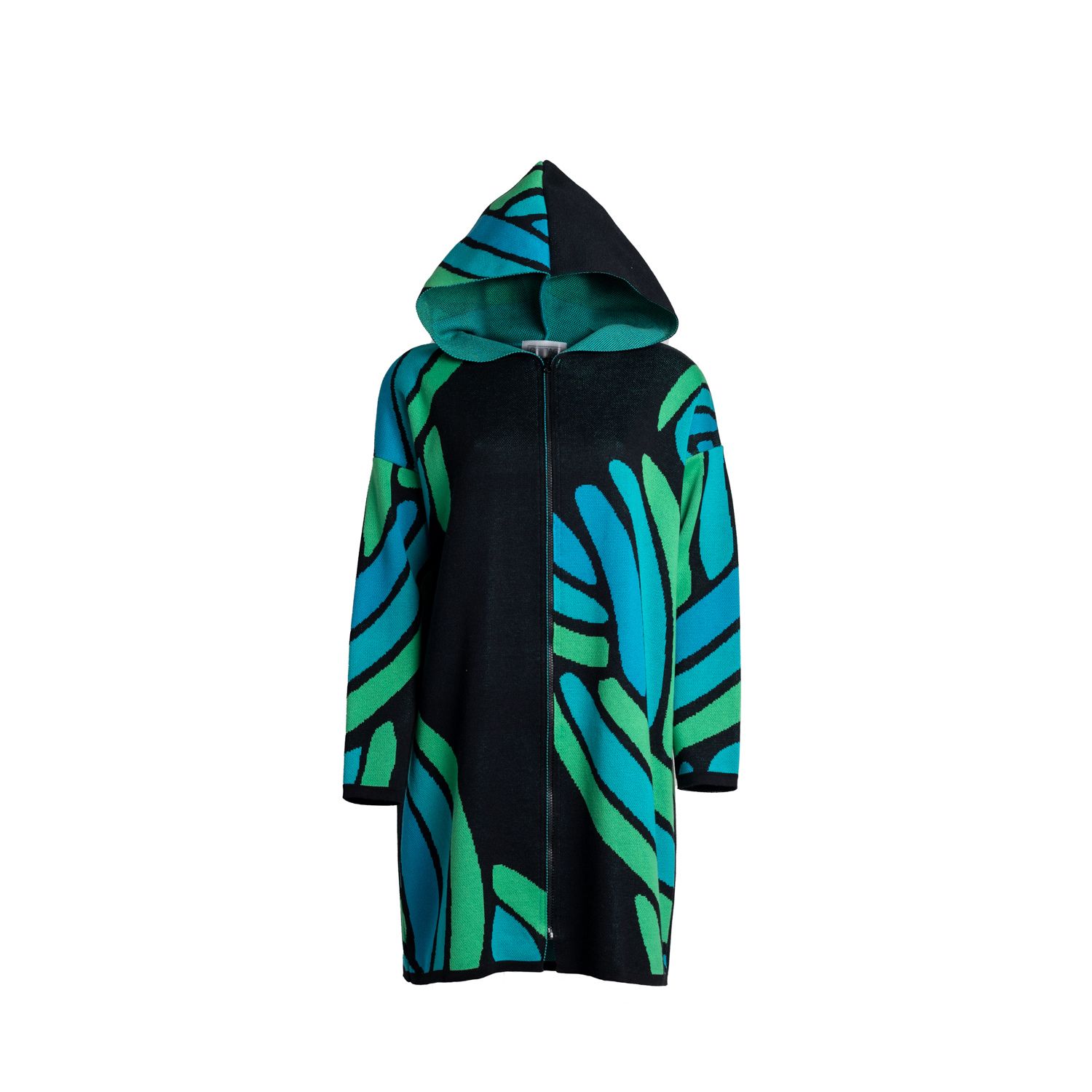 Women’s Black / Green Braid Pattern Hooded Coat Black Green One Size Sel Knitwear